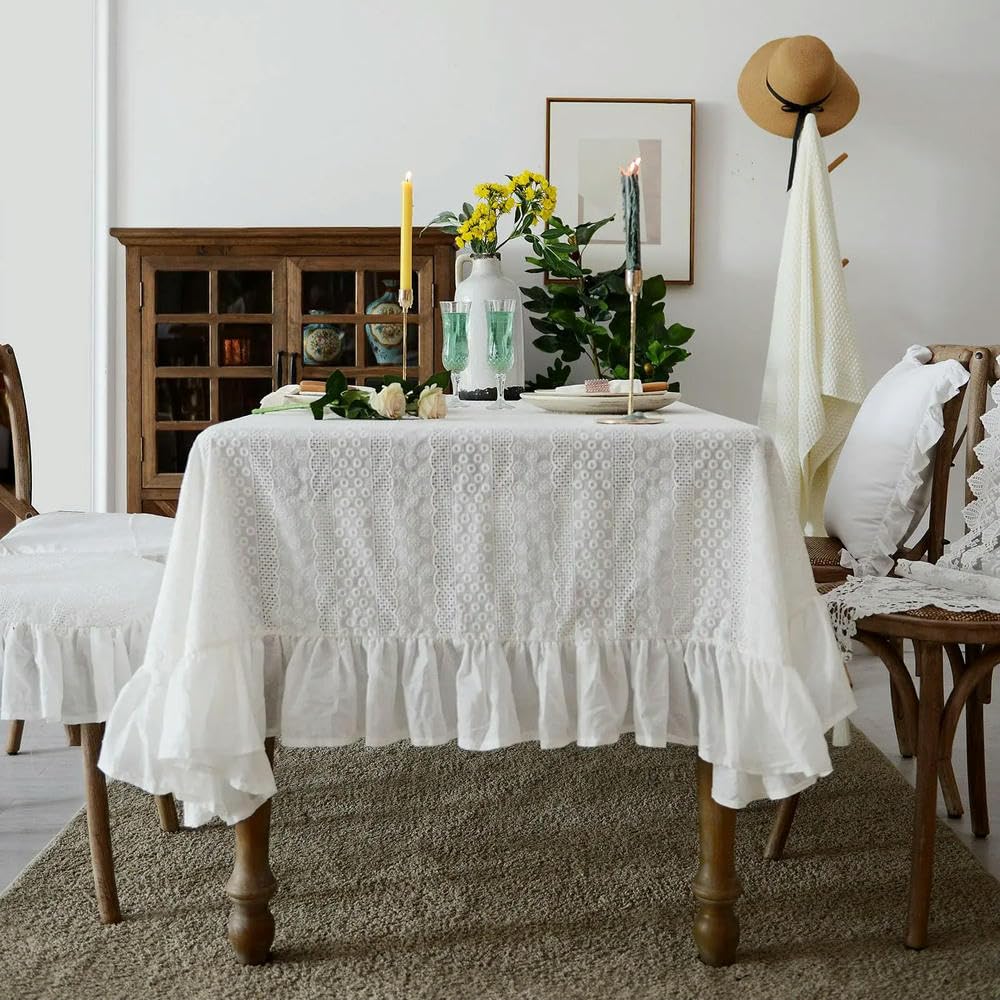 Tovaglia in cotone bianco con pizzo increspato, tovaglia in tessuto ricamato, decorazione rustica per casa, feste, feste natalizie