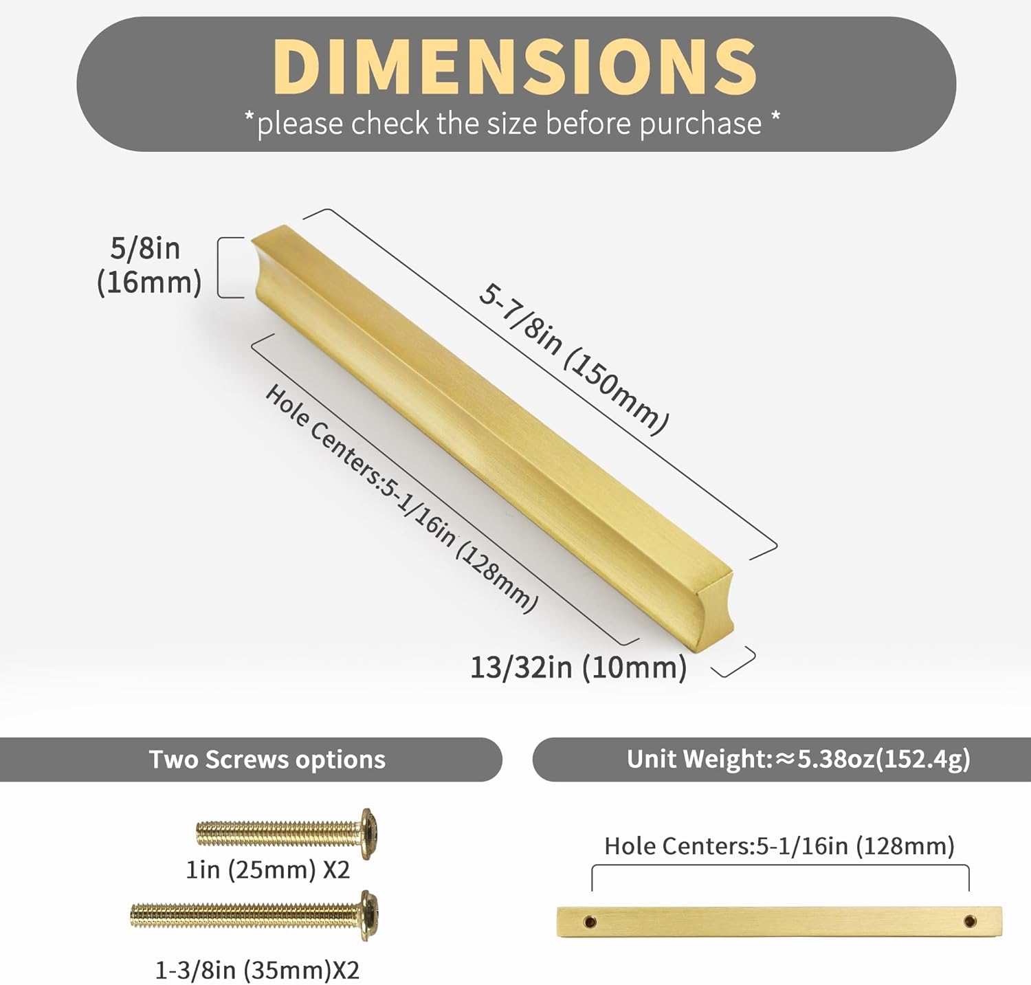 2-Pack Solid Brass Cabinet Handles,Gold Drawer Pulls,Modern Kitchen Hardware,5-inch Hole Center for Dresser Drawer 5-7/8-Inch Total Length,Brushed Brass Finish