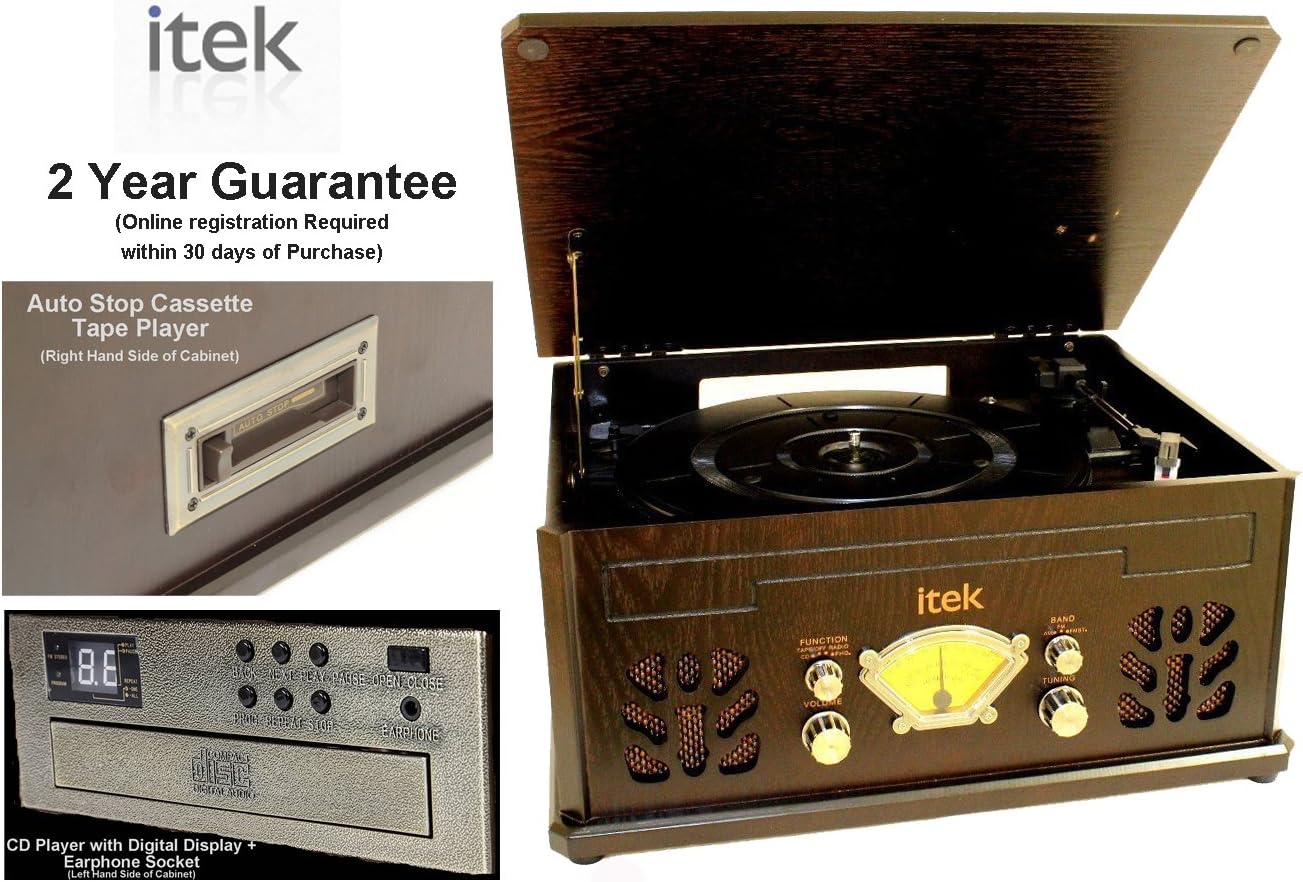 Antique Style Nostalgic Retro Wooden Music Centre (2 year g’tee) Record Player Turntable, CD Player, MW/FM Radio, Cassette Player, Headphone Socket/Earphone Socket, UK Model, Mk 2 Version (Dark Wood)