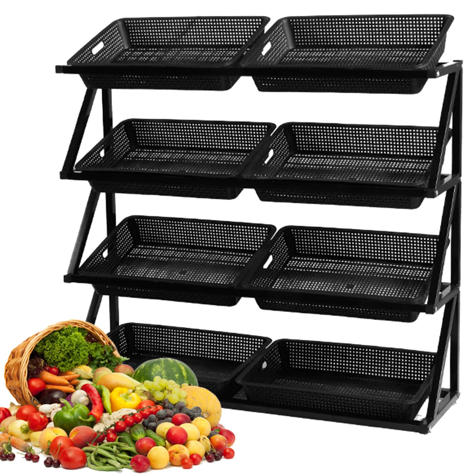 Estante expositor de 4 niveles negro, organizador de verduras y almacenamiento para cocina
