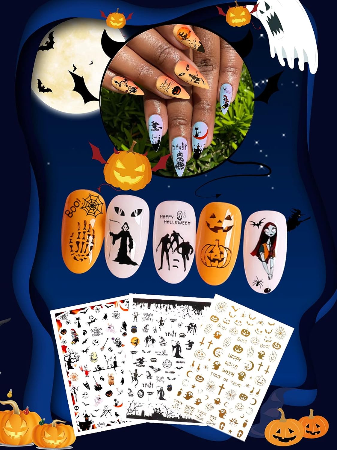 Halloween Nail Art Glitter Stickers Decoration Kit, Tufusiur 3 Boxes Holographic Nail Sequins 3 Sheets Acrylic Nail Decals Pumpkin Bat Ghost Witch Skull Spider Stickers for DIY Halloween Supplies : Beauty & Personal Care