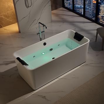 Empava Update Acrylic Whirlpool Bathtub, 67-Inch Freestanding Rectangular Jetted Bathtub with Healing Chromotherapy, 18 Hydromassage Jet, Double-Ended Bathtub with Black Pillows and Nozzles