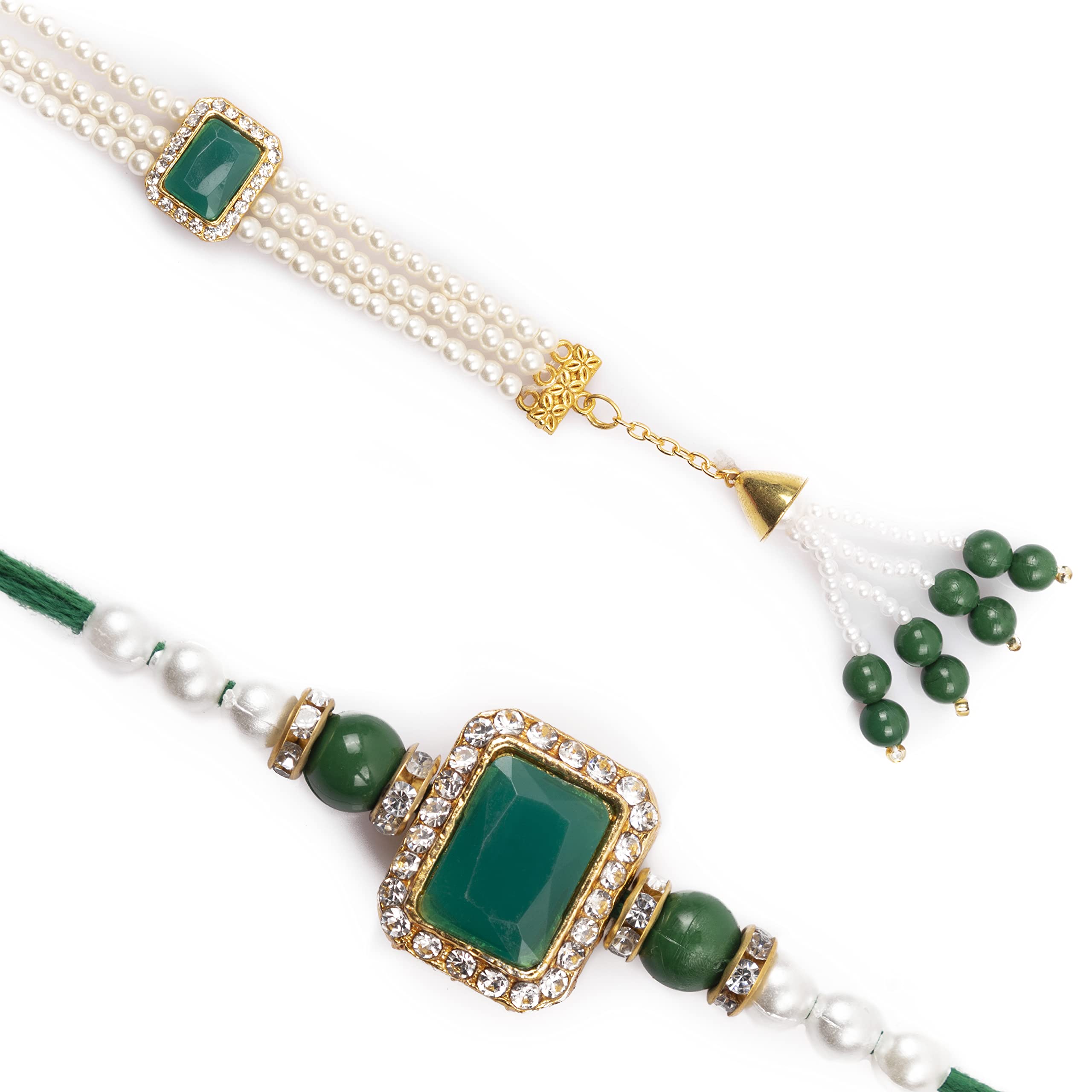 KalakritiHandmade Rakhi for Brother and Bhabhi Combo Set of 2 With Designer Kundan Lumba Bracelet for Bhabhi With Roli Chawal, Raksha Bandhan Greeting Card and Printed Potli Bag