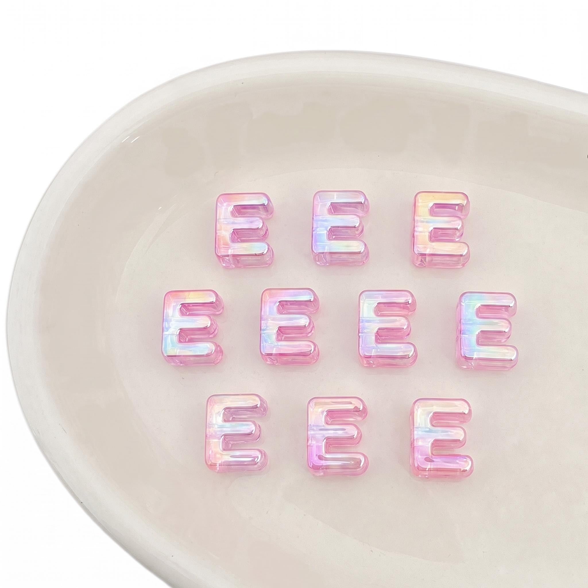 Letter Beads 10pcs, Large Acrylic Alphabet Beads with 6mm Hole, Iridescent Holographic UV Plated for Bracelet Making, Jewellery, Keyrings & Craft (Iridescent Light Pink, Letter E)