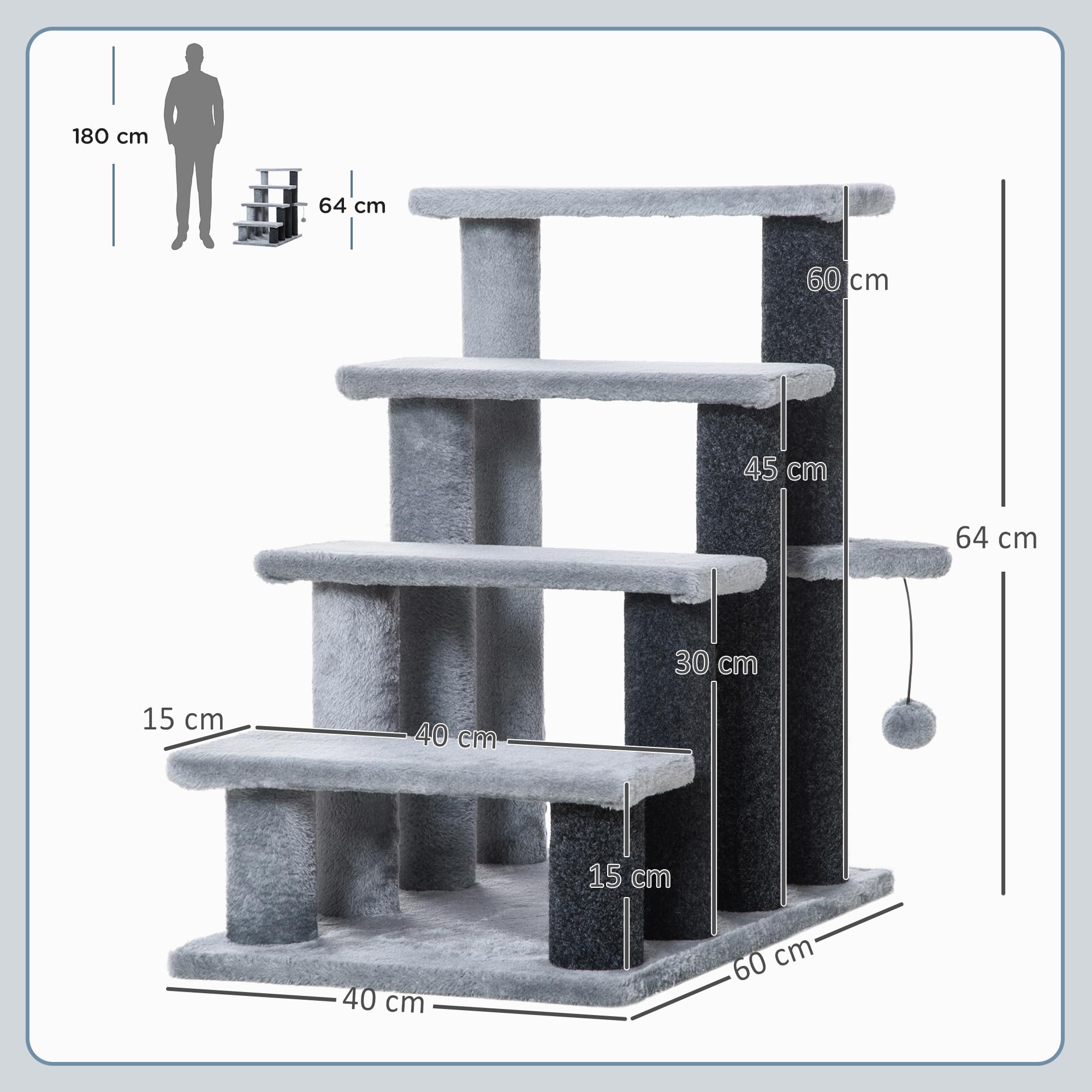 PawHut Katzentreppe 4-stufige Haustiertreppe mit Kratzsäulen Ball Hundetreppe Tiertreppe für Katzen Plüsch Jute Grau 60 x 40 x 64 cm