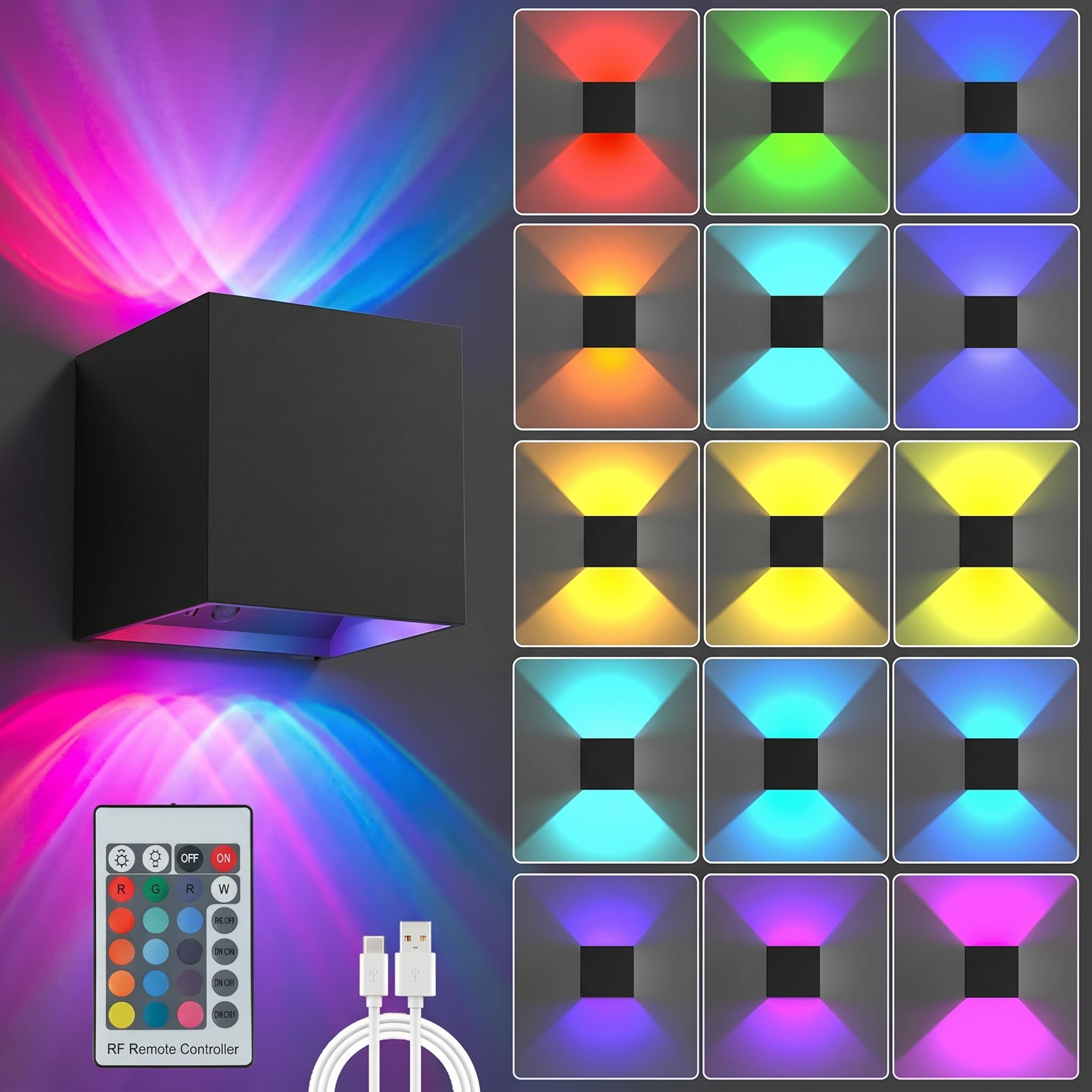 LED Wall Lights for Room Decor, 16 Colors RGB Wall Lamp, Battery Operated Wall Sconce 6000mAh, Rechargeable, Remote Control, Dimmable, Cordless Wall Light for Bedroom Living Room, Black