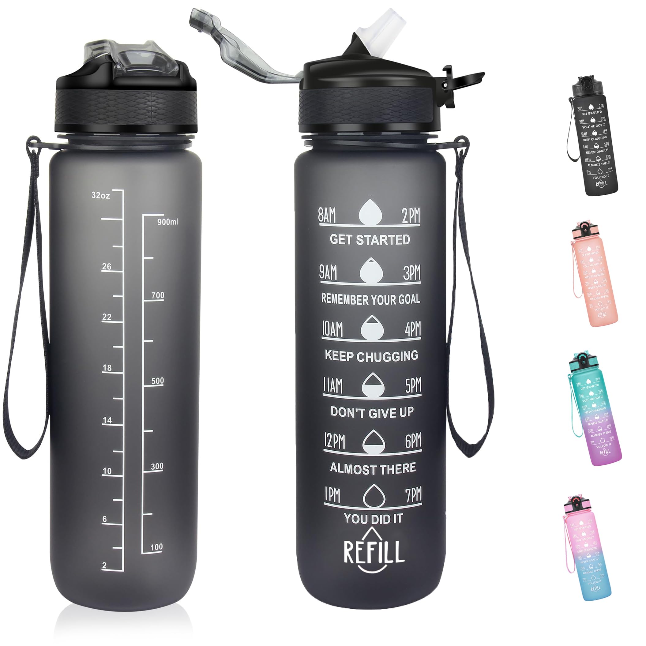 Toced Sport Water Bottle, 1L Water Bottle with Straw and Time Markings, Reusable Motivational Leakproof Water Bottle BPA Free Lid, Durable Drink Bottle for Gym, Sports, Outdoor (Black)