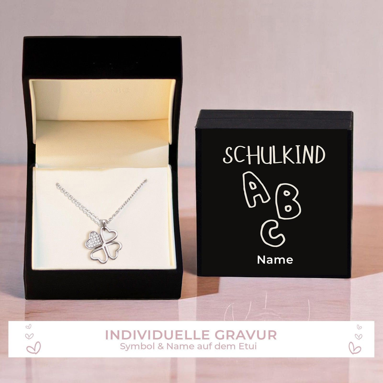 Amoonìc Geschenk zur Einschulung Mädchen, Glücksbringer Kette mit Kleeblatt | Anhänger Silber 925 und Gold/Rosegold vergoldet, Glückskette Kinder Halskette, Schmuck Geschenke zum Schulanfang