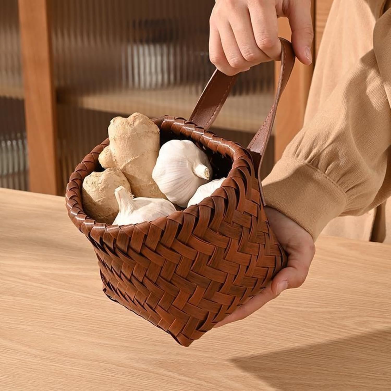 Wall Hanging Storage Baskets, Faux Rattan Woven Bins with Leather Handles