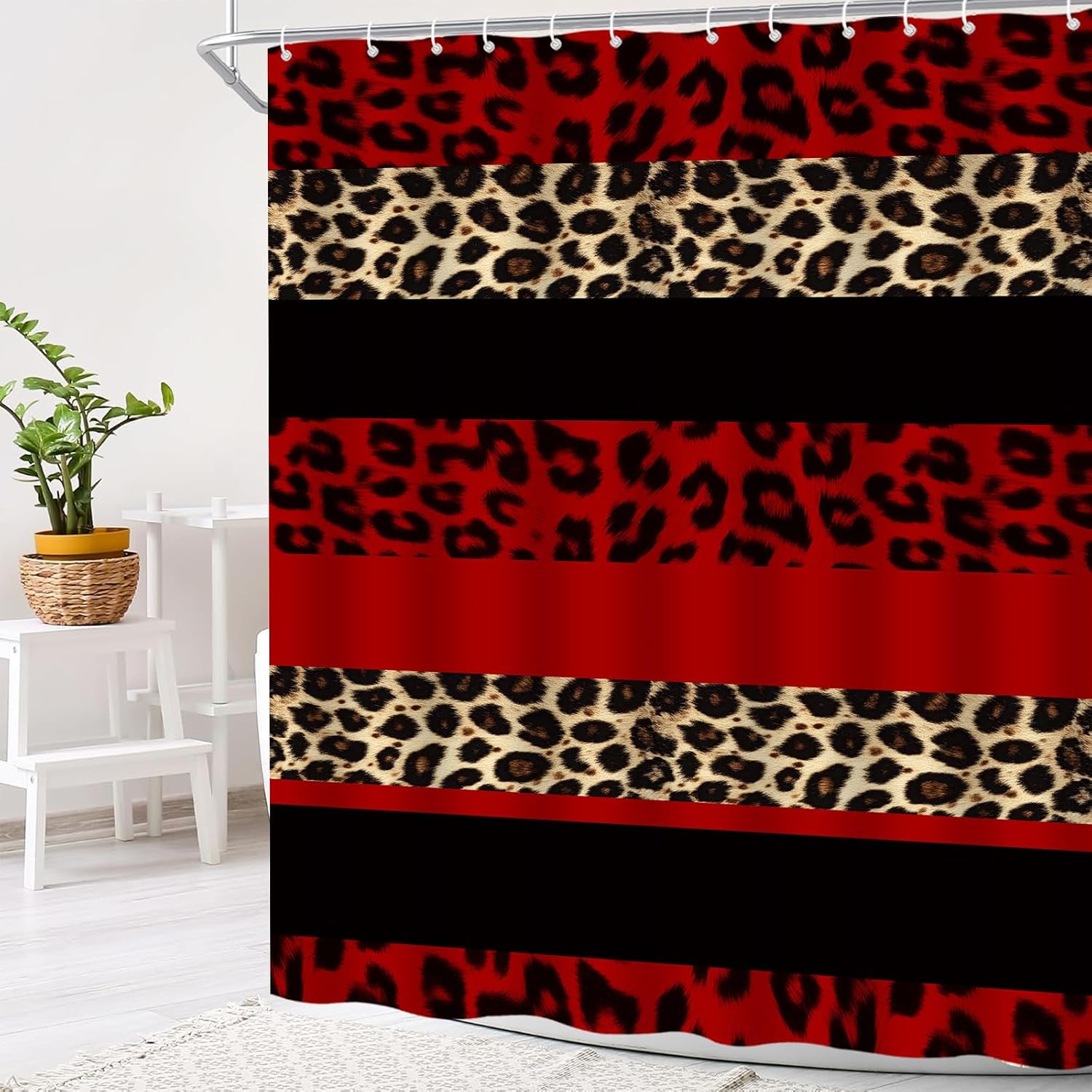 Red Black Leopard Print Shower Curtain Striped Cheetah Animal Print Modern Wild Animal Bath Curtain with Hooks, 70x70 Inch