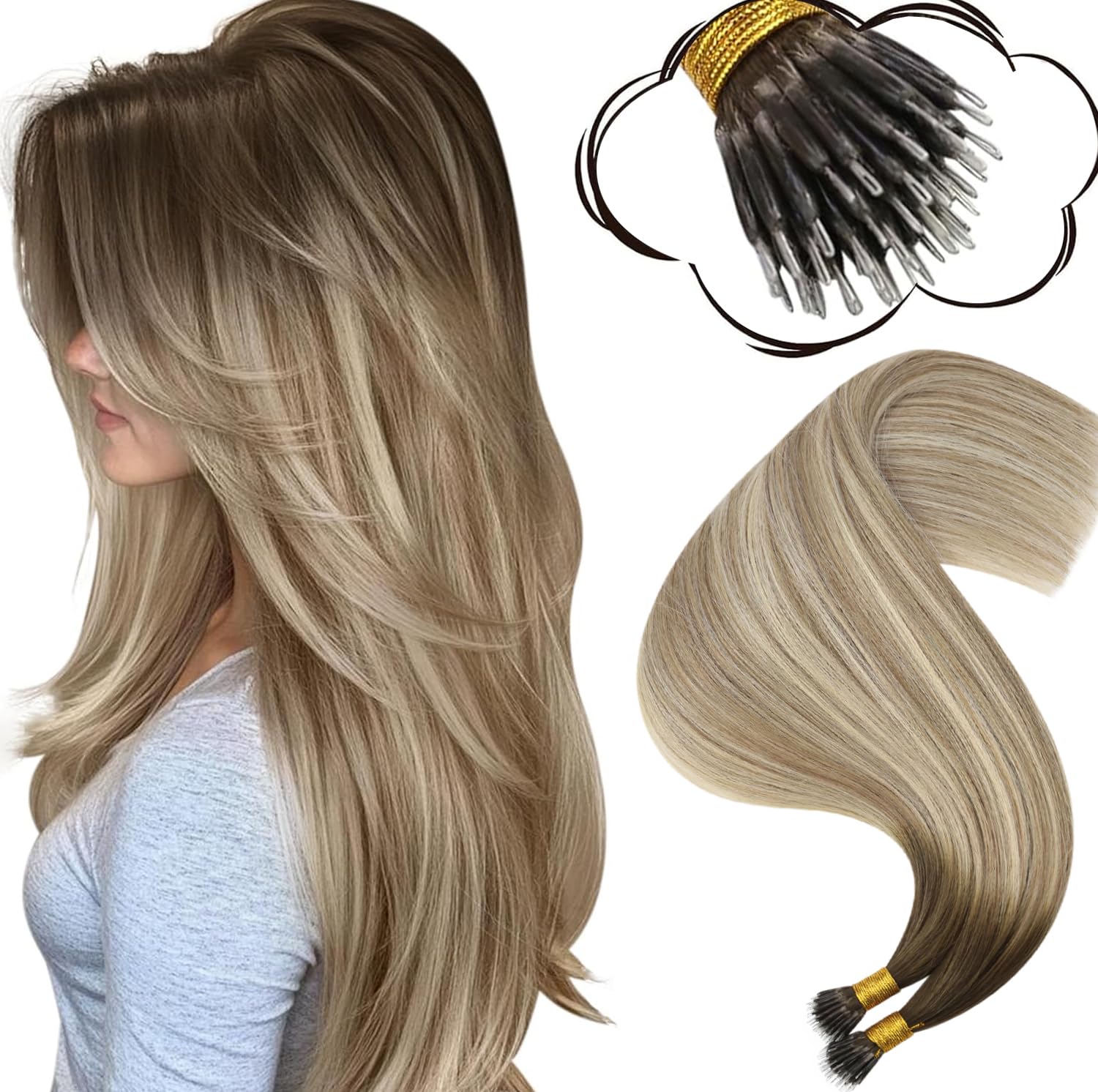 Moresoo Nano Hair Extensions Real Human Hair 16 Inch 50g/Pack Ash Blonde Highlight Nano Beads Hair Extensions Human Hair 1g/s Remy Straight Hair #P18/613 — view 38
