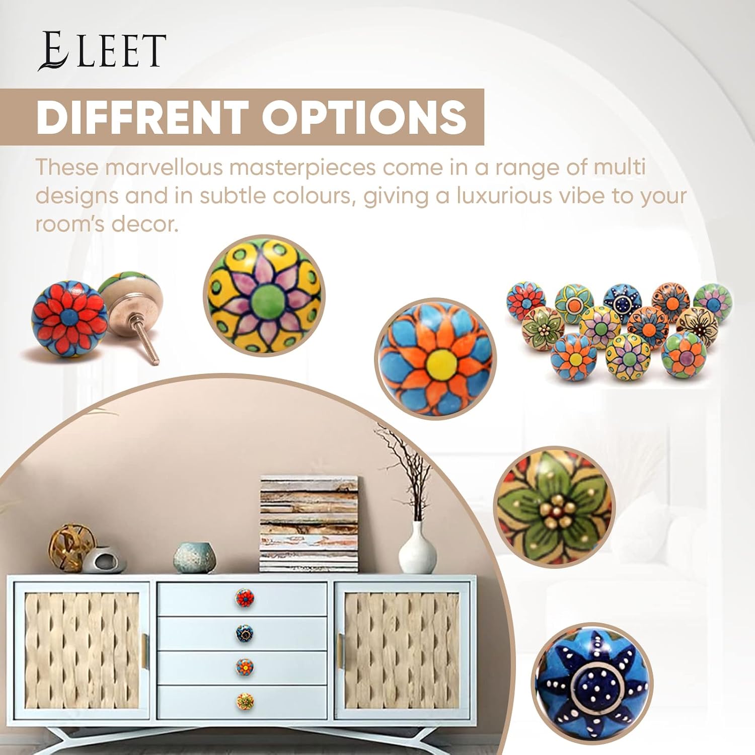 Eleet Assorted Ceramic Cabinet Knobs - Vintage Cabinet Cupboard Door & Drawer Pulls Chrome Hardware (Ceramic Knobs Set of 12, Multicolor)