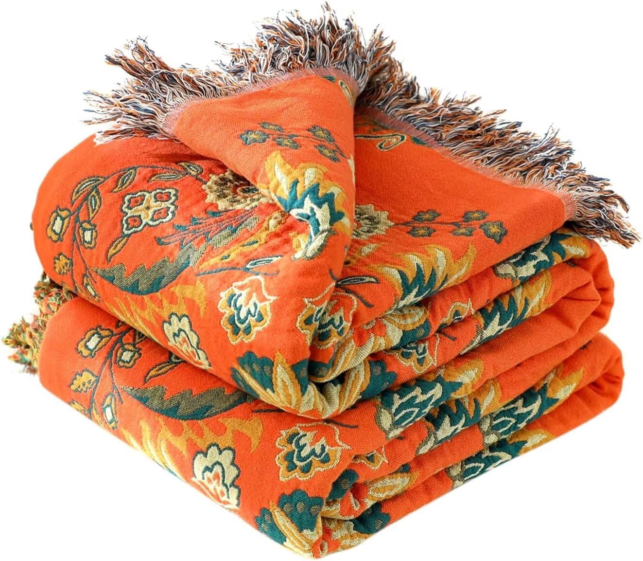 100% Cotton Soft Boho Throw Blanket for Bed, 60x80 Muslin Breathable Lightweight Gauze Fall Blankets for Couch Sofa, All Seasons Floral Boho Quilt Rustic Throw Blanket with Plant Leaves, Orange