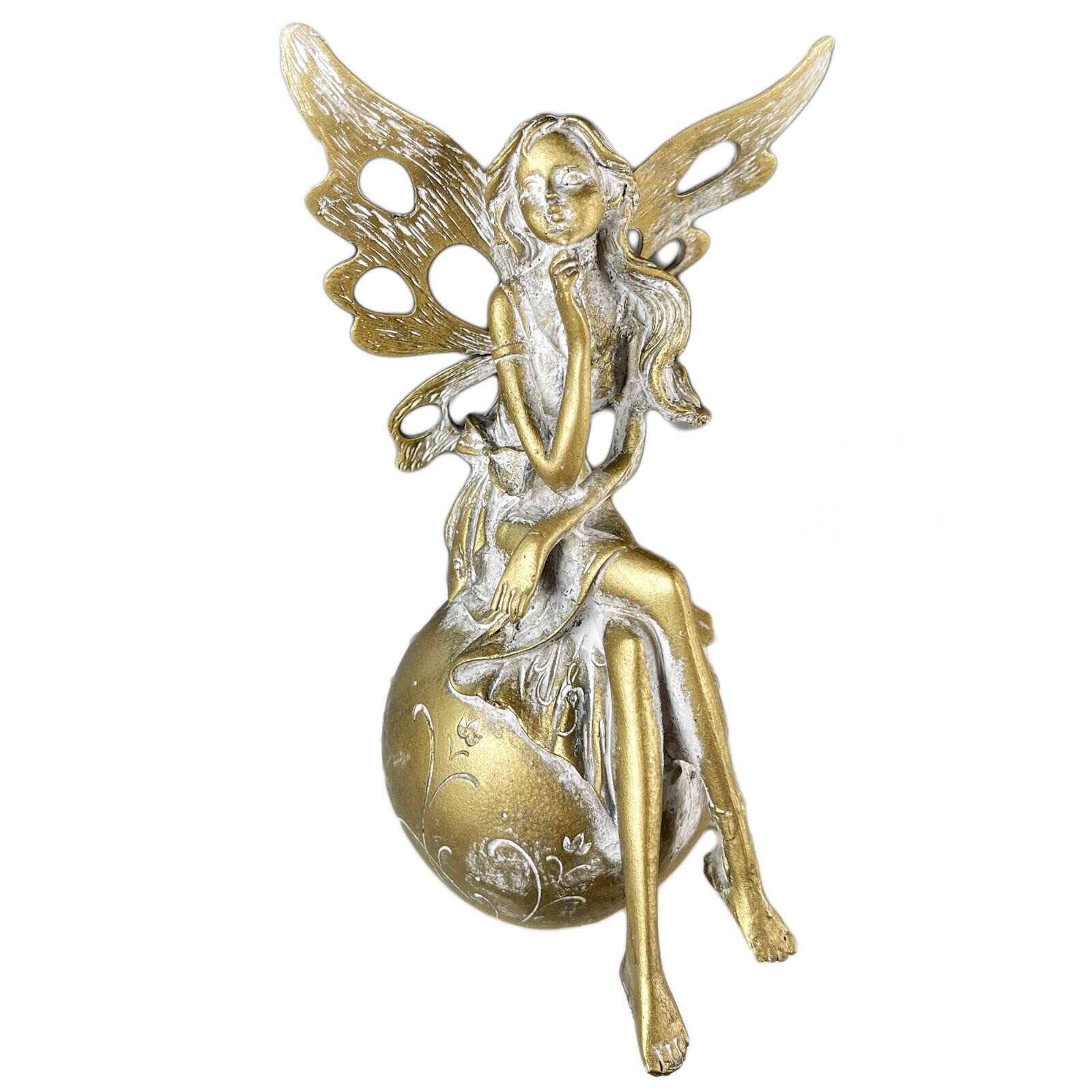 Darthome Gold Fairy On Ball Ornament Resin Distressed Vintage Angel Wings Floral Figurine 19Cm