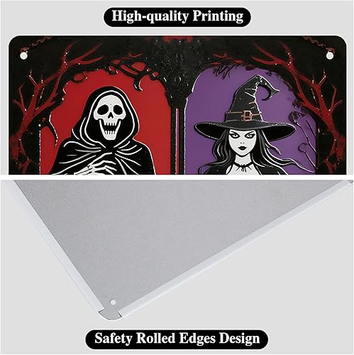 Miniatura 4 de Letrero de decoración de baño de Halloween, letrero de metal de la muerte y la bruja, decoración gótica de baño y arte de pared, decoración de