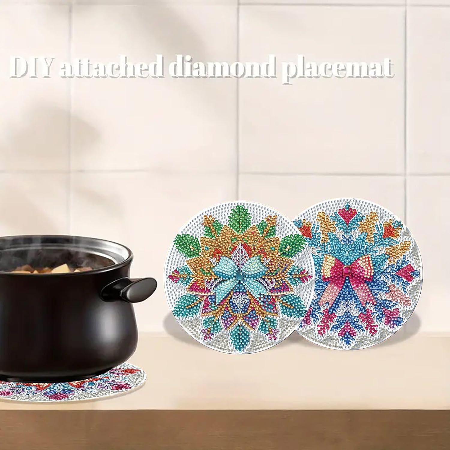 BAYUNOE 8Pcs DIY Diamond Round Placemat Non-Slip Diamond Art Painting Wood Table mats for Kitchen Dining Party Tables Drill Art Place mats Craft Supplies-02