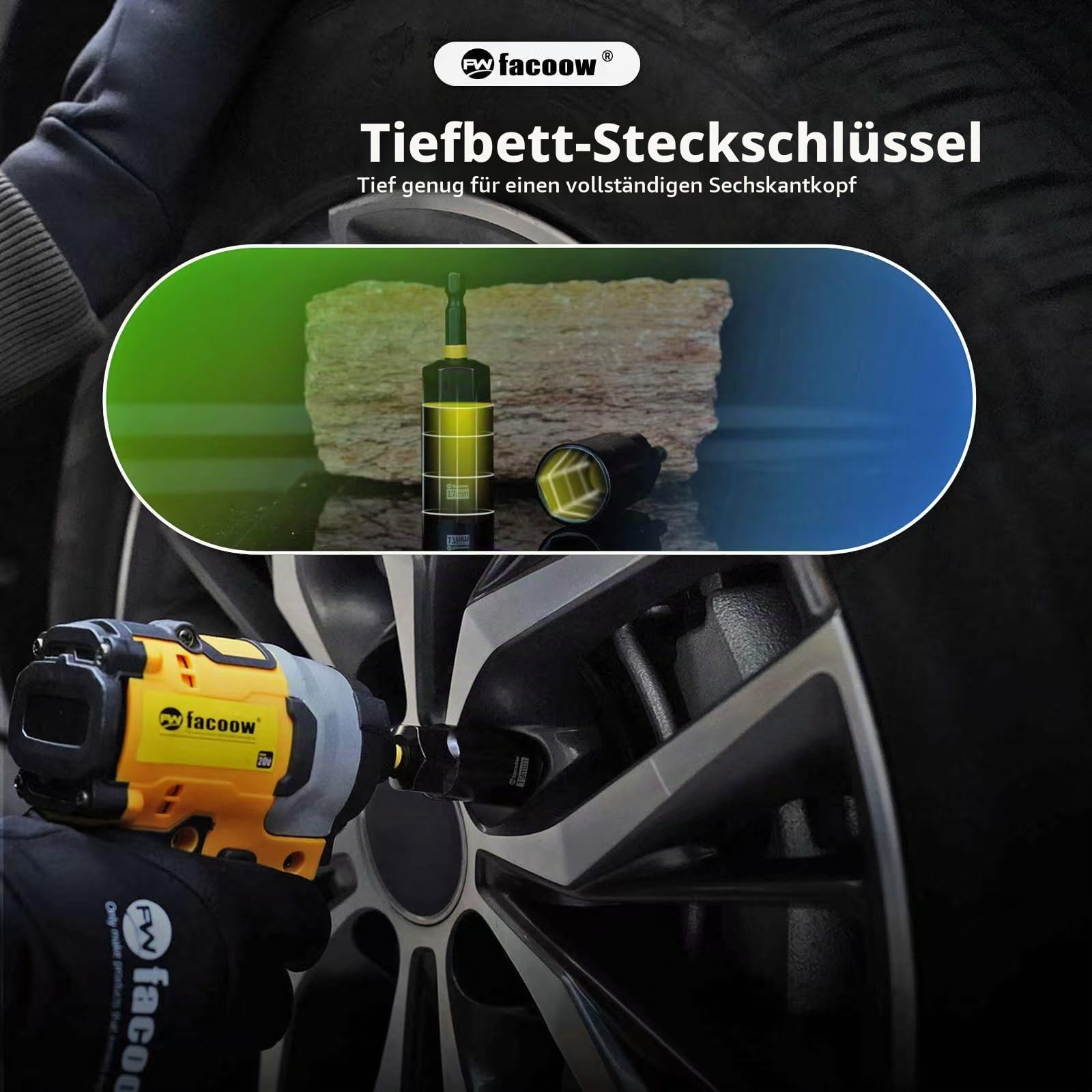 Facoow 55-teiliger Schlag-Steckschlüsselsatz mit magnetischen Aufsätzen, Premium-Tiefeinsätzen, Flügelmuttern, 1/4" Schnellwechsel, Verlängerung, S2-Bits, schwenkbar