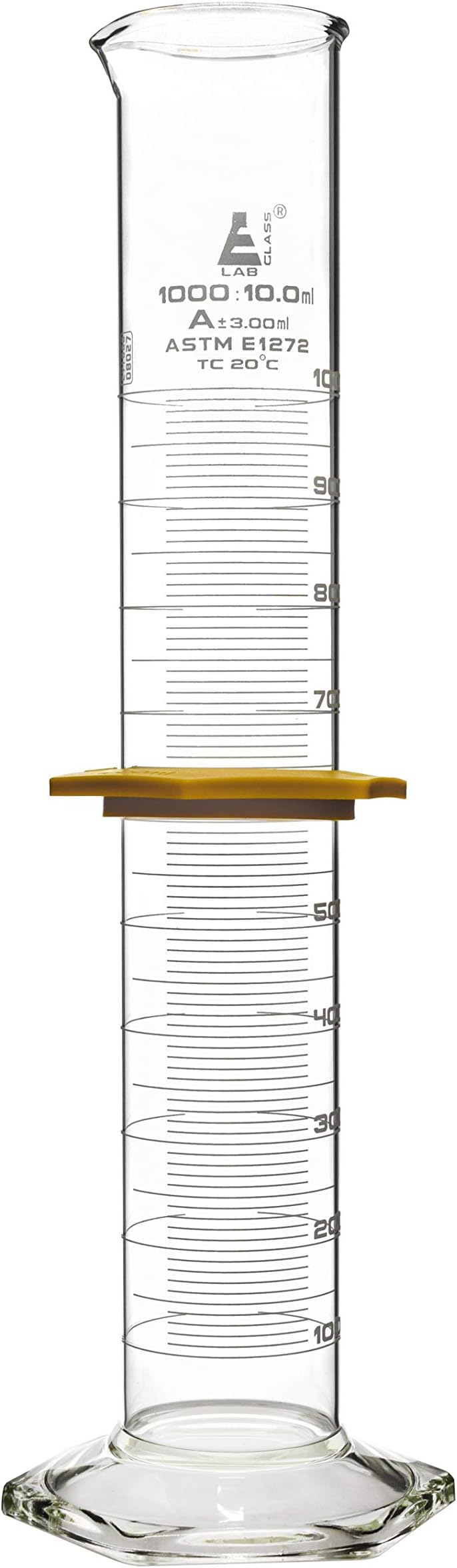 Graduated Cylinder, 1000mL - ASTM, Class A Tolerance ±3.00mL - Protective Collar, Hexagonal Base - White Graduations - Borosilicate 3.3 Glass - Eisco Labs