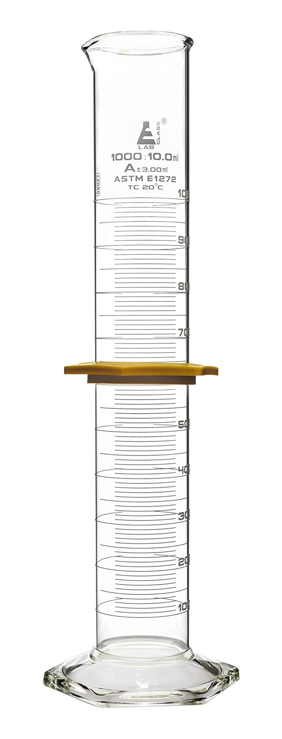 Graduated Cylinder, 1000mL - ASTM, Class A Tolerance ±3.00mL - Protective Collar, Hexagonal Base - White Graduations - Borosilicate 3.3 Glass - Eisco Labs