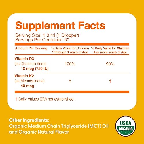 Miniatura 5 de Feel Great USDA - Gotas de vitamina D líquida orgánica para bebés y niños pequeños (2 onzas) con K2 para absorción  Vitamina D para niños apoya el