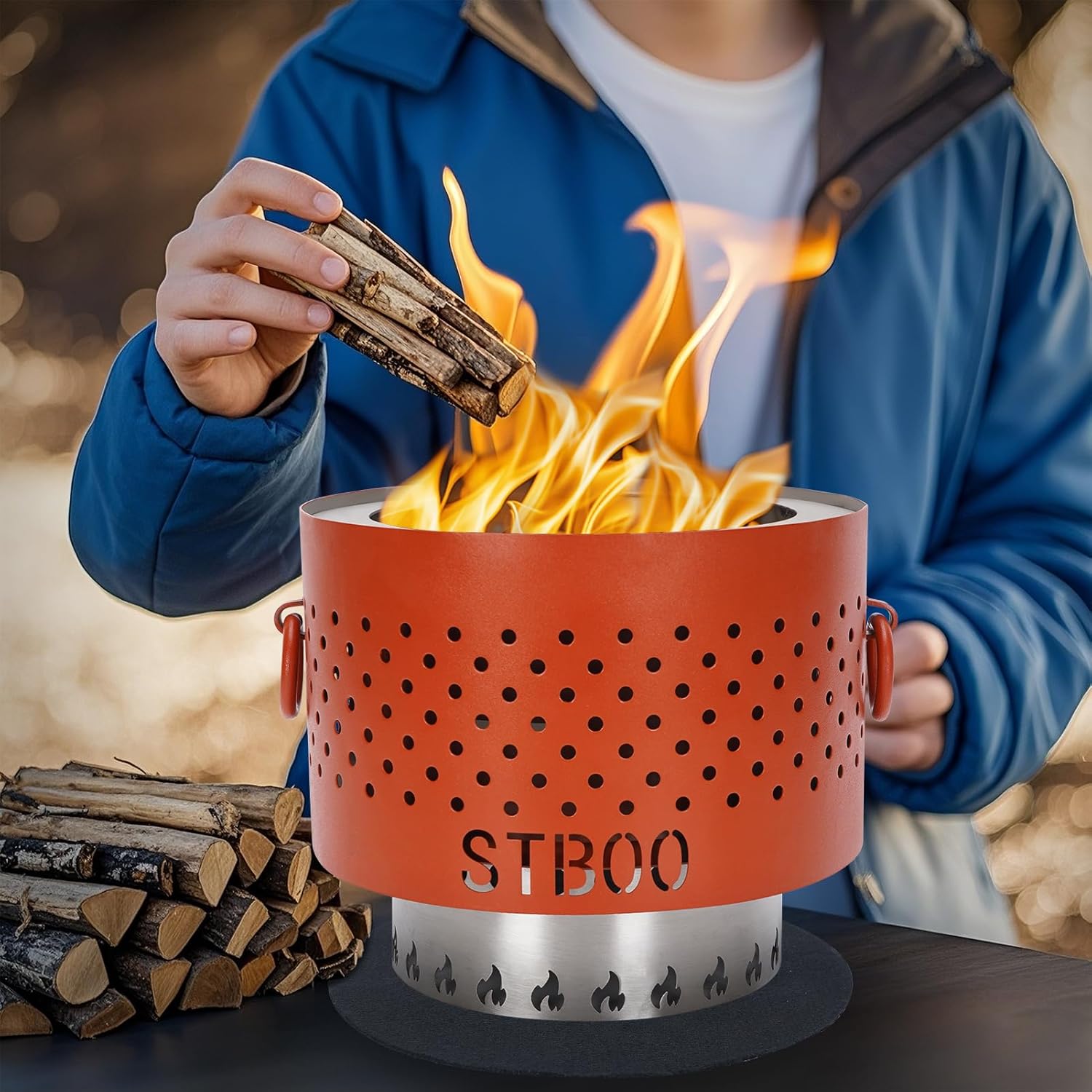 STBoo Tabletop Fire Pit - Low Smoke Pellet Table Top Firepit with Ash Tray | Indoor&Outdoor Mini Portable Personal Fireplace | Small Smores Firepit for Patio, Camping,Porch, Balcony,7.8inch Red