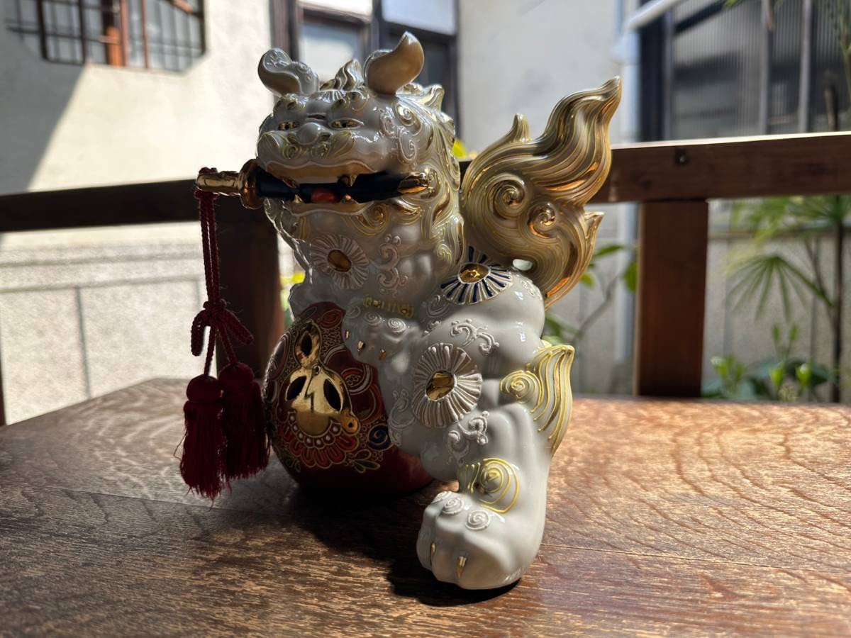 九谷焼 置物 八幡窯 須栄義作 大型玉獅子 唐獅子