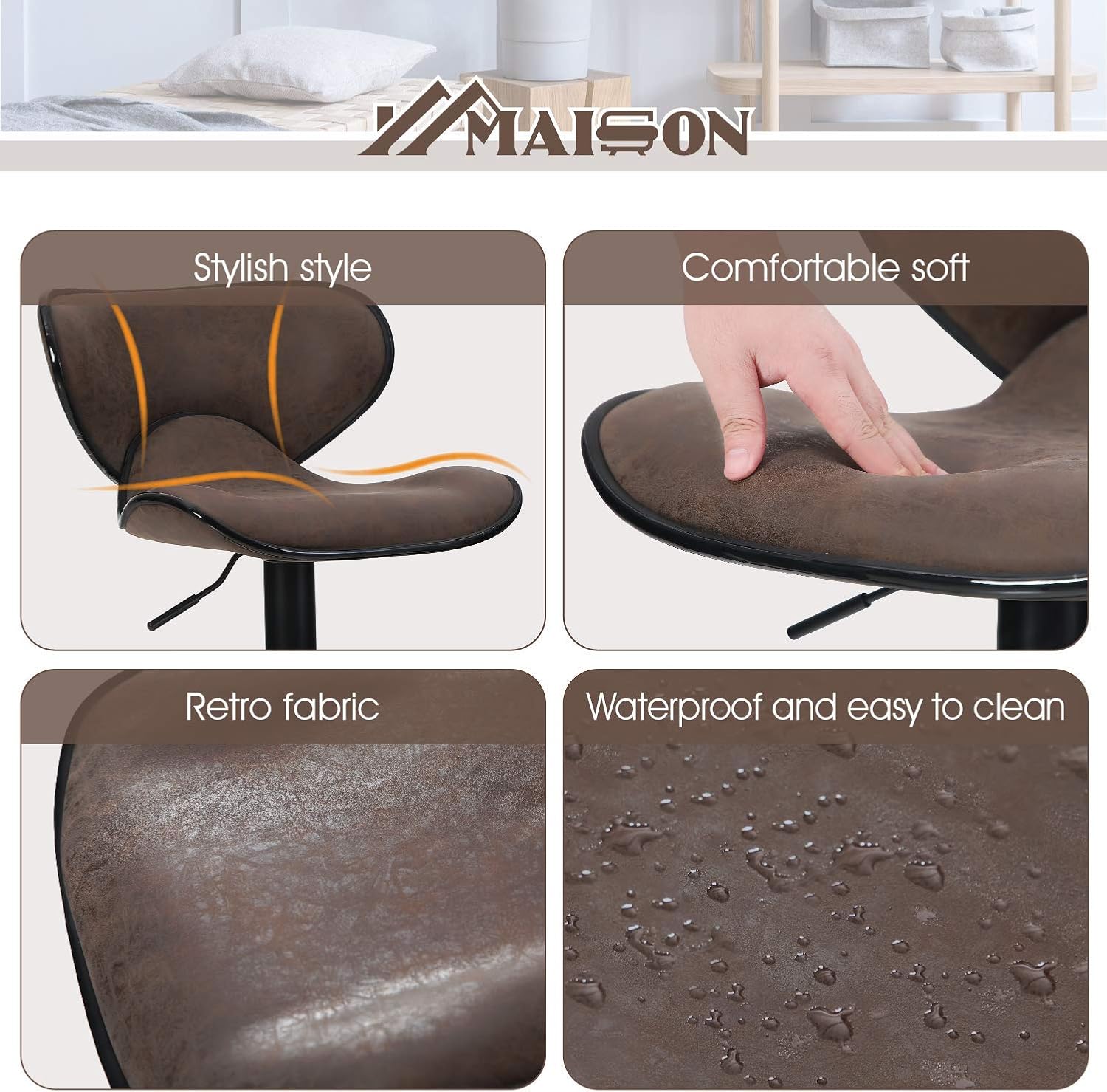 Maison Counter Height Bar Stools Set of 2 Swivel Adjustable Barstools with Back for Kitchen Counter Tall Bar Height Chairs Faux Leather High Stools for Kitchen Island, 300 LBS Bear Capacity, Brown: Kitchen & Dining