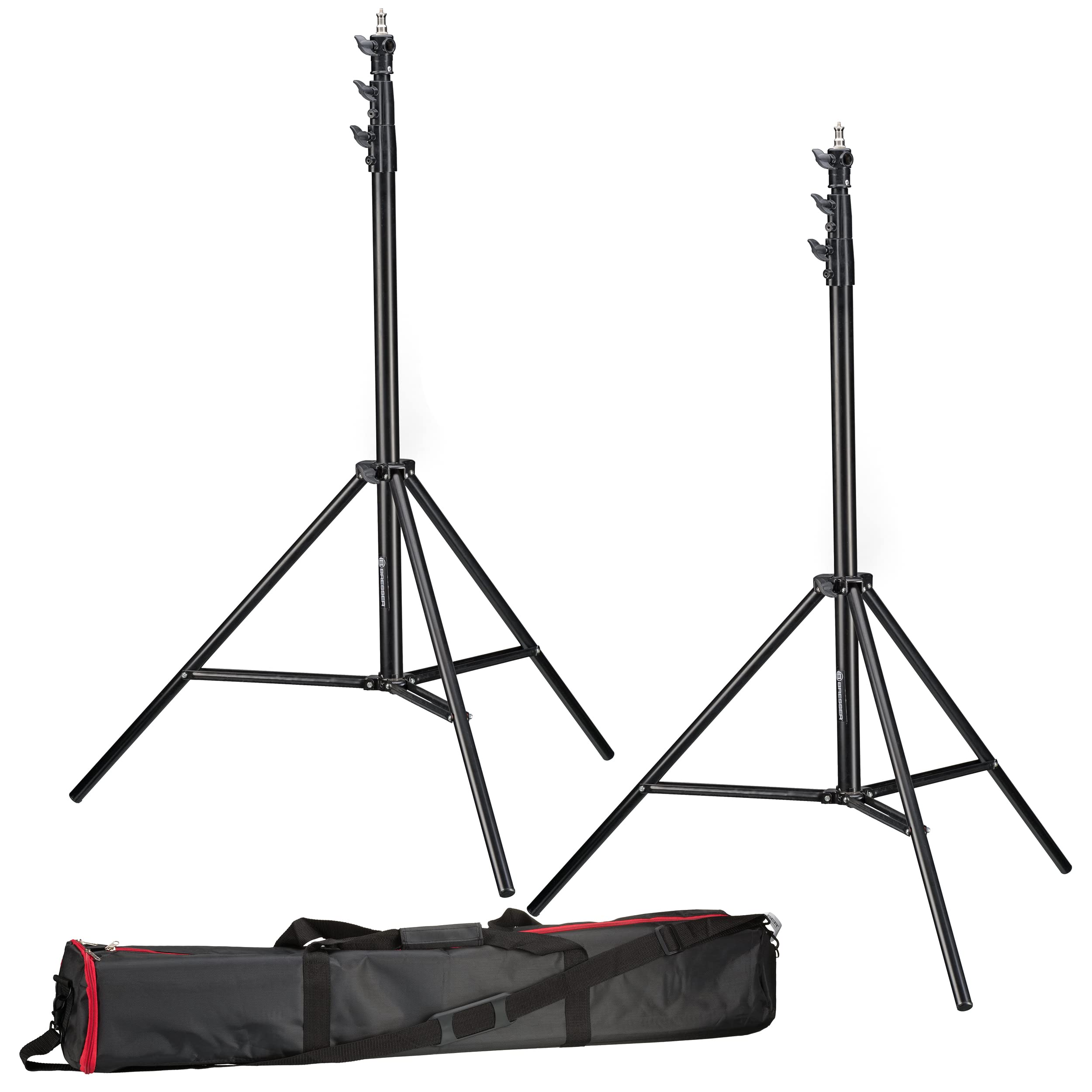 Statyw BRESSER 2× BR-TP280 PRO-1 (280 cm) + torba | Dwa składane statywy aluminiowe, czarna powłoka proszkowa, metalowe łączenia, długość po złożeniu 98 cm, torba na 3 statywy