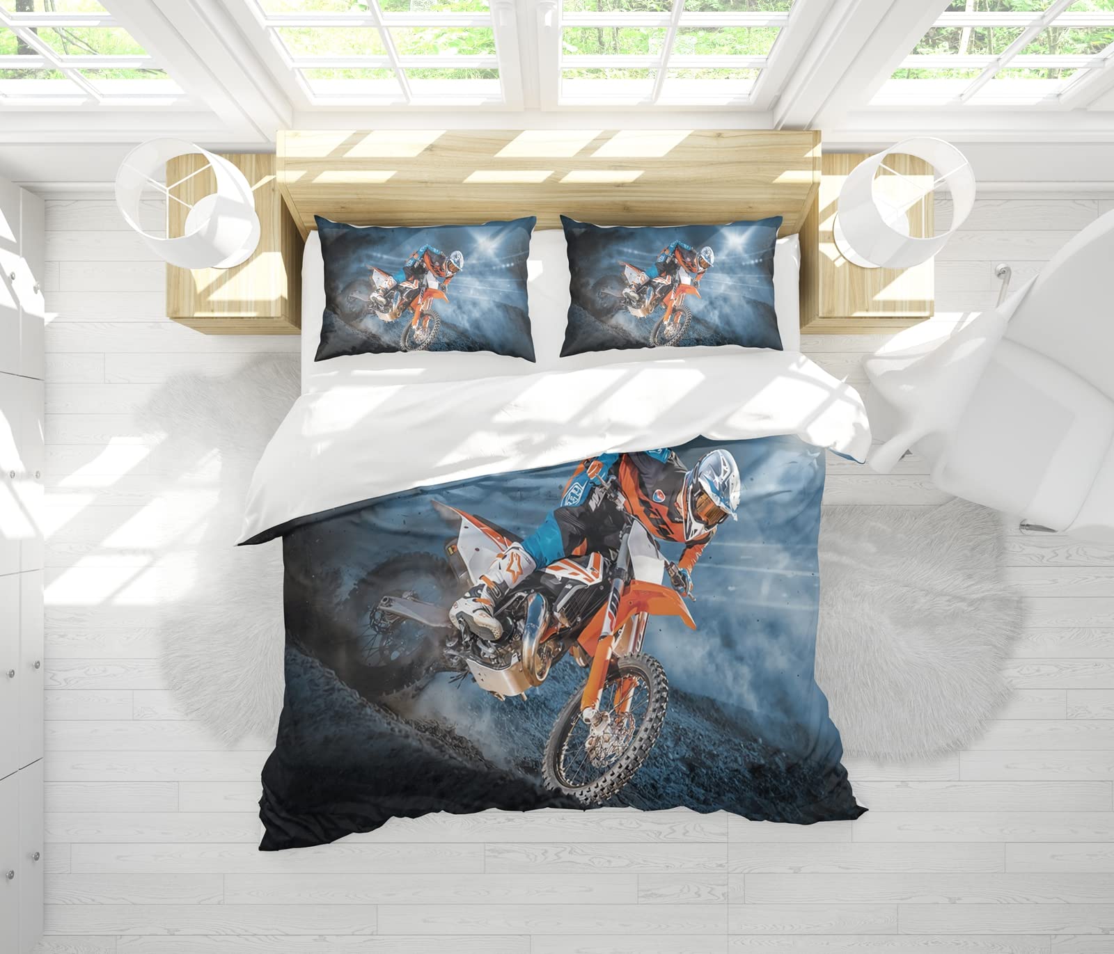 AVJWWD Copripiumino per moto 3D, motivo stampato in 3D di set di biancheria da letto a tema moto per sport estremi, set di biancheria da letto per moto moderno con 2 federe(220 x 240 cm, Moto3)