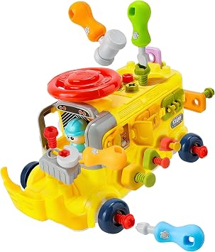 6-in-1 Take Apart School Bus Toy, Busy Bus with Screwdriver, Hammer, Wrench, Steering Wheel & Gears, STEM Fine Motor Learning Gift for Boys Girls Age 3-6