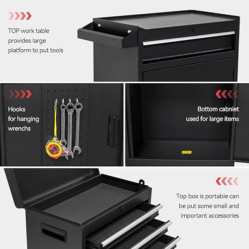 Miniatura 7 de Caja de herramientas con ruedas de 5 cajones, alta capacidad, estante ajustable, cajones con cerradura, caja de herramientas mecánica desmontable 2