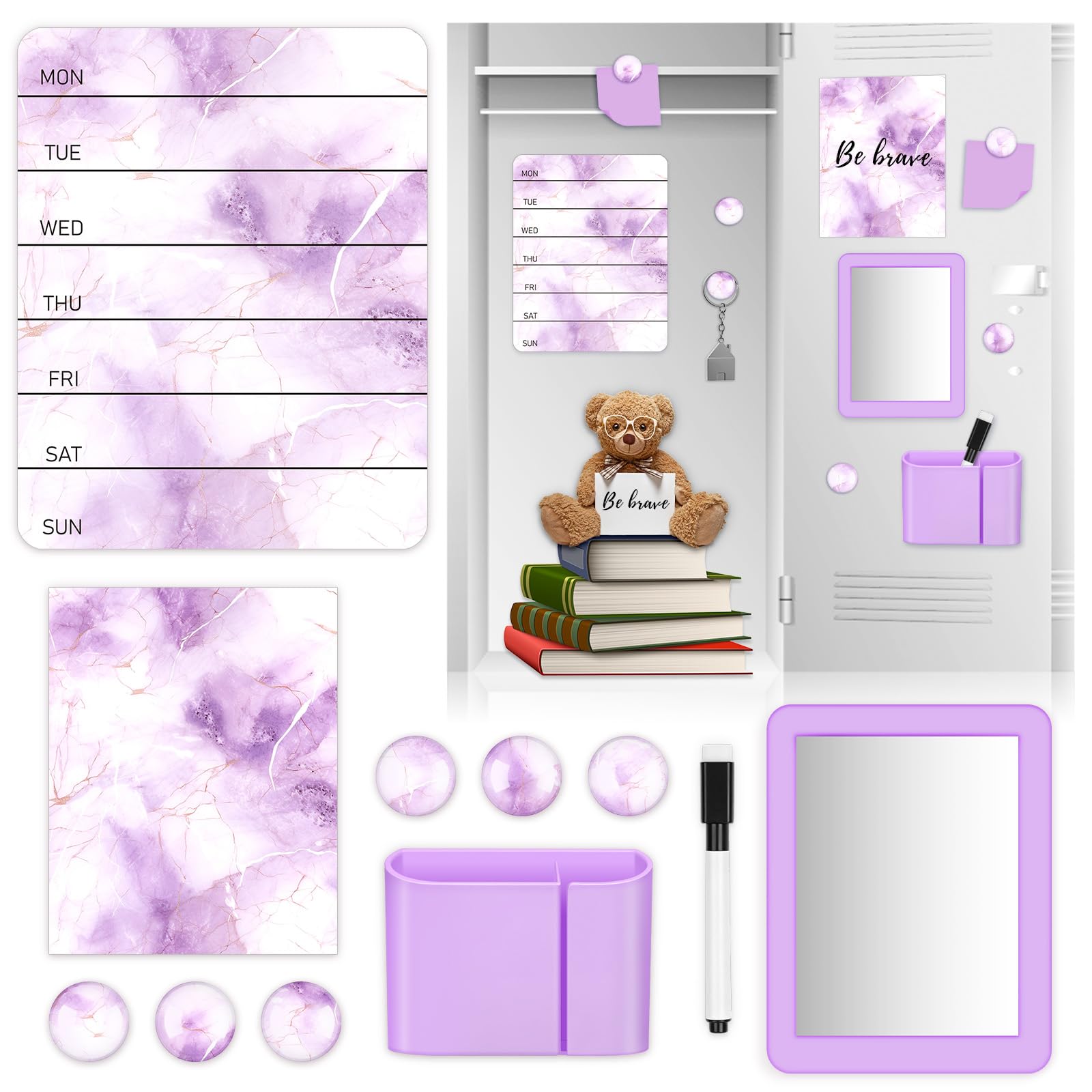 Gosodeny 11 Pcs Purple Marble Locker Accessories Kit with Magnetic Whiteboard Mirror and Pen Holder Marble Lockers Organizer Decorations Back to School Essentials Locker Decorations