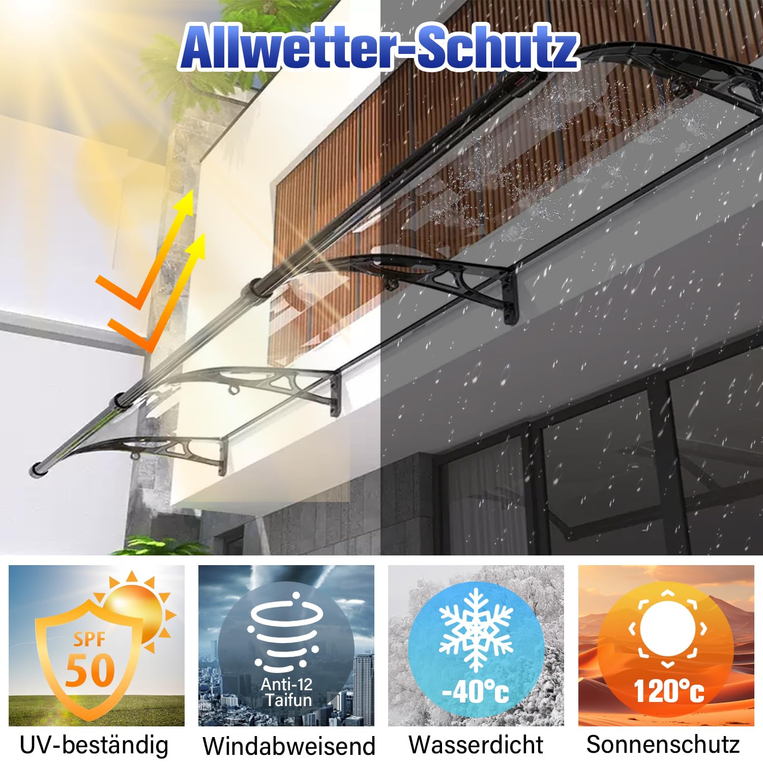 Vordach für Haustür Überdachung 60x120cm, Haustürdach Pultvordach Pultbogenvordach aus Aluminium und Polycarbonat, Türdach für draußen Sonnenschutz Regenschutz-Braun
