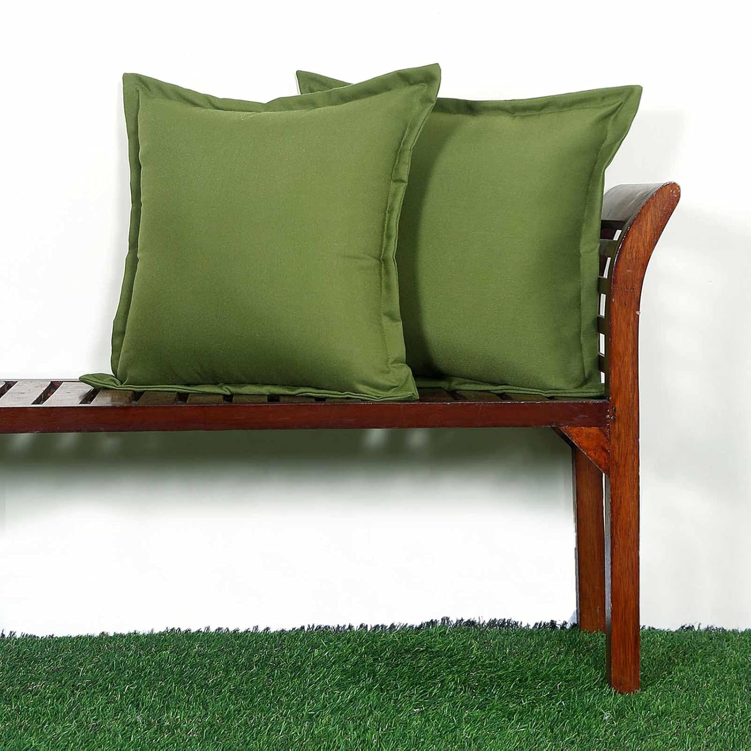 HOMESCAPES Set of 2 Outdoor Cushions Waterproof, Plain Green Filled Garden Furniture Cushion, Hypoallergenic, Polyester Decorative Pillows for Indoor & Outdoor Patio, Benches &... - Image 2