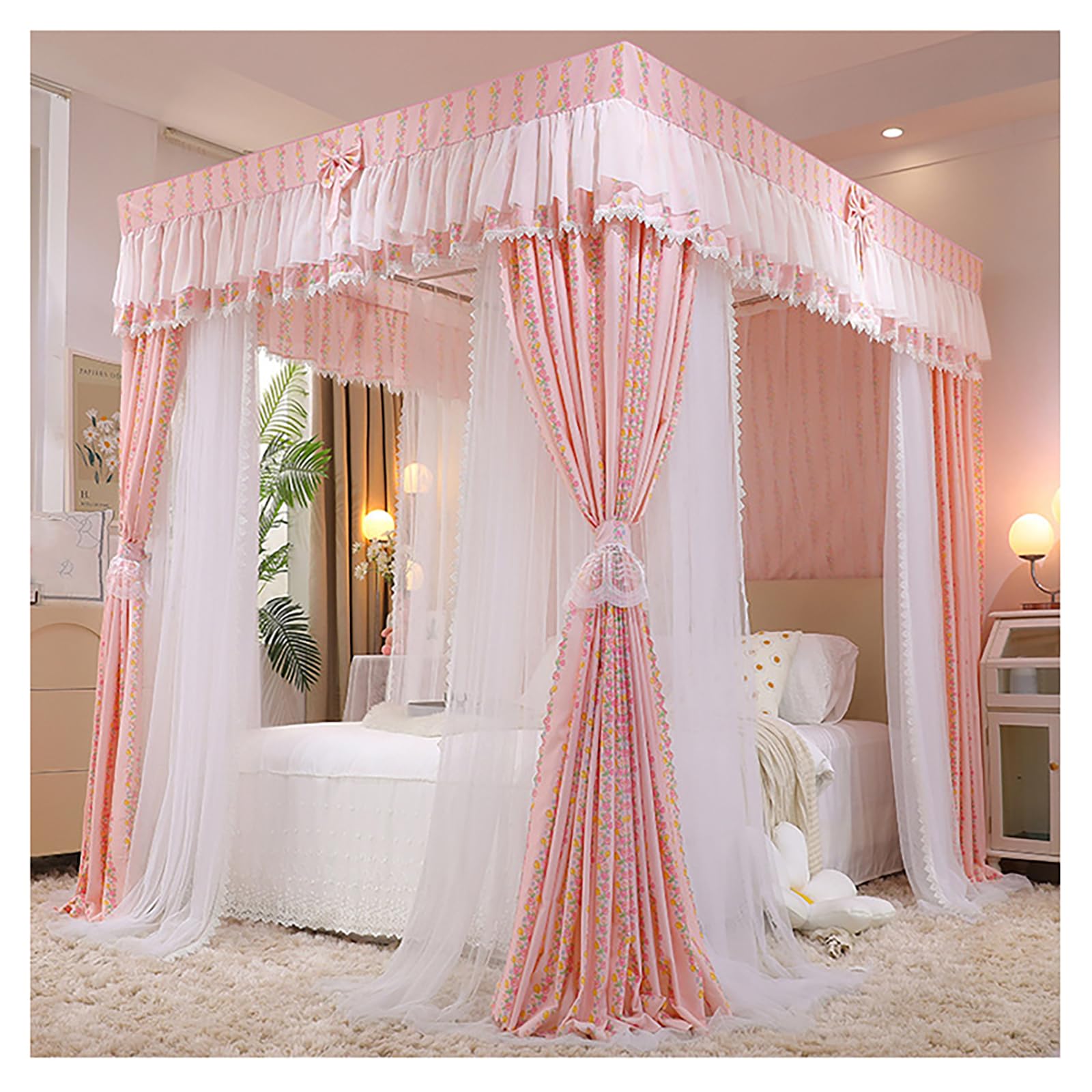 Himmelbett mit 4-Pfosten-Design und Gestell • Prinzessinnen-Moskitonetz für Mädchenzimmer, doppellagiger Himmel mit Vorhängen, passend für Doppel-/Kingsize-/Super-Kingsize-Betten (Größe: 1,5