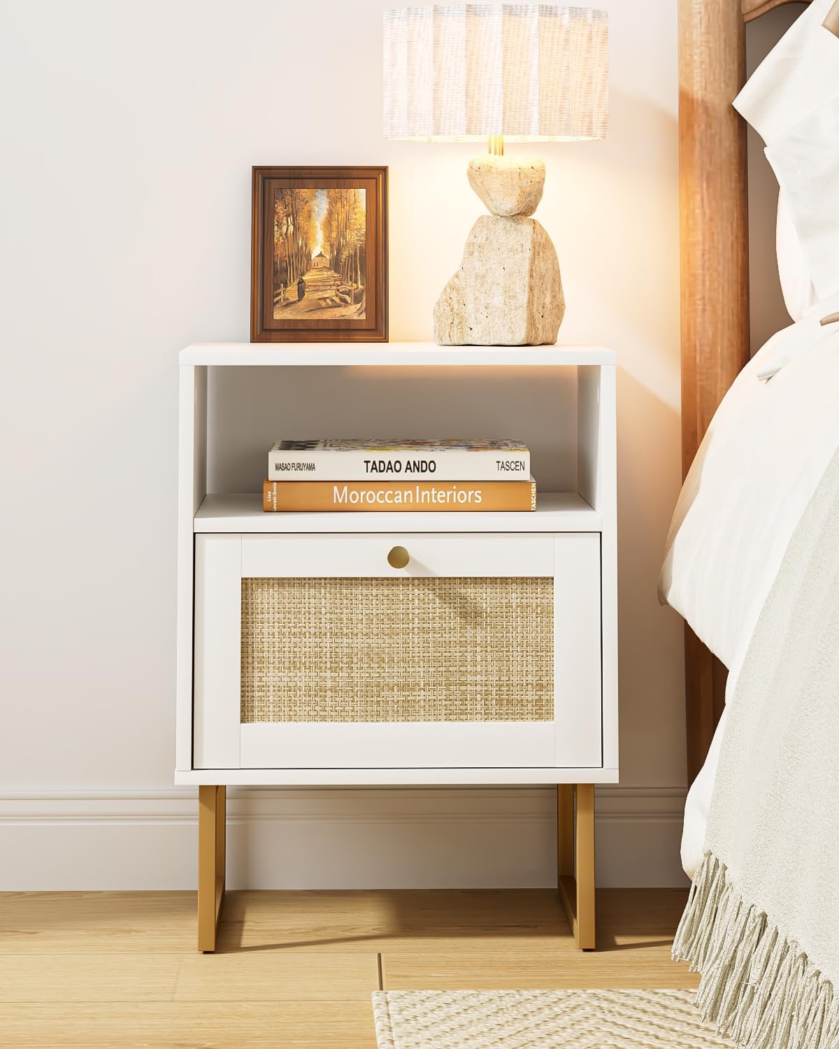 Rattan Nightstand, Boho Night Stand Farmhouse Wood Bedside Table with Storage and Open Shelf, End Side Accent Table for Bedroom,Living Room,White