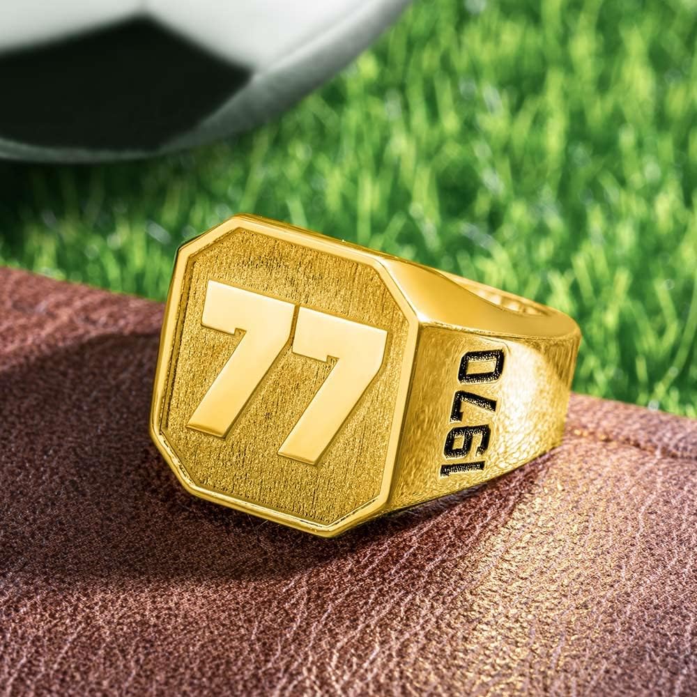 Custom Lucky Number Rings For Men 925 Sterling Silver/Brass Personalized Engraved Name/Year Signet Rings Baseball Basketball Football Hockey Jewelry Sport Lover Fans Gifts For Dad Father Brother