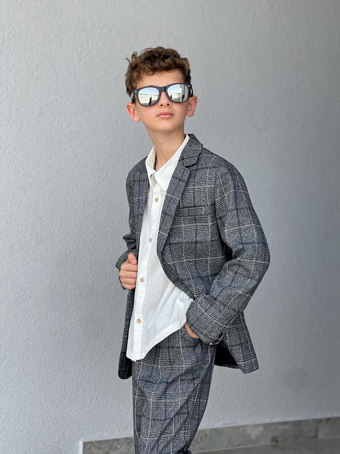 LOLANTA Kids Boys Plaid Suit Fashion Blazer Pants Set 2 Piece Formal Wear Outfit for Wedding