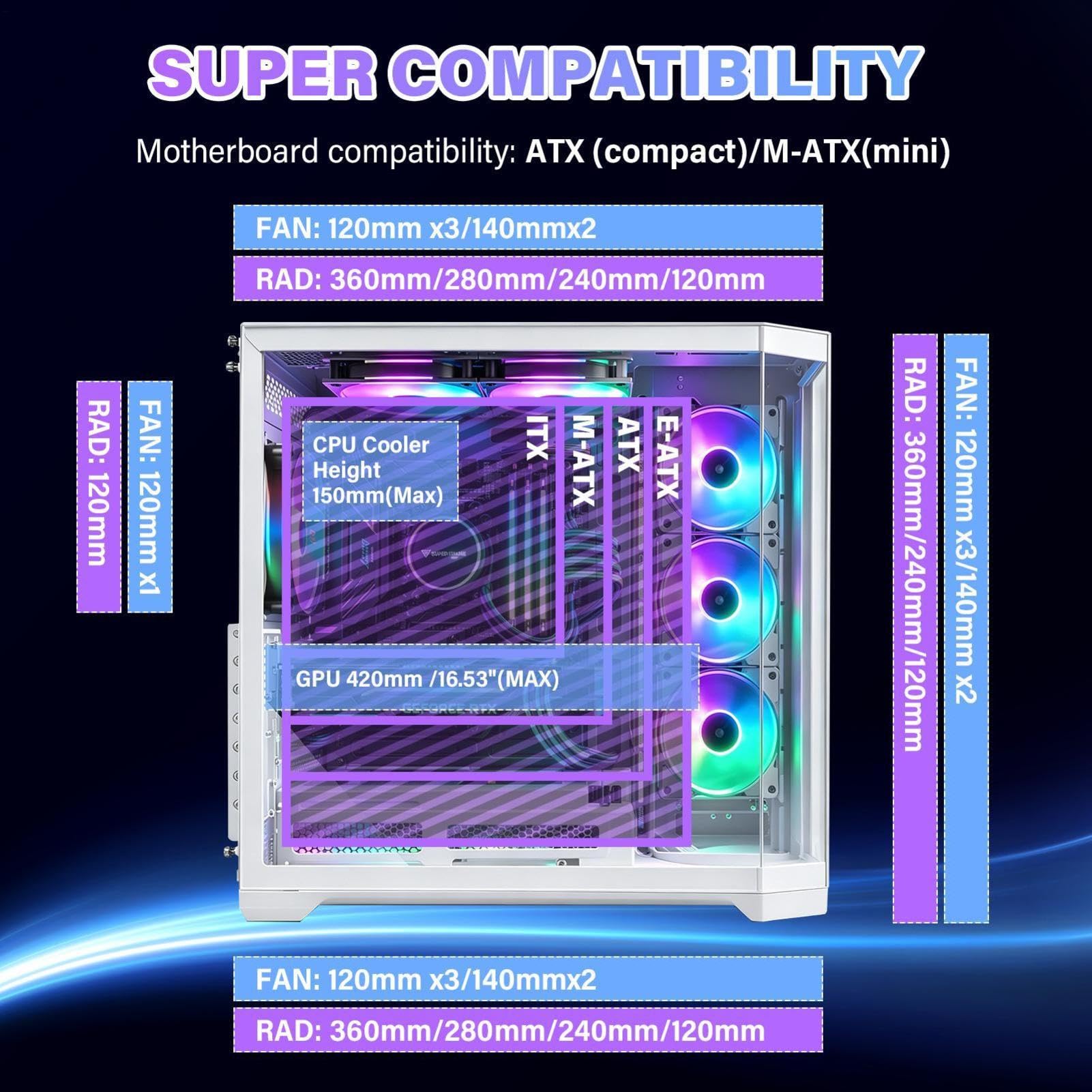 ATX PC Gehäuse, High Airflow Computer Gehäuse mit Glasfenster
