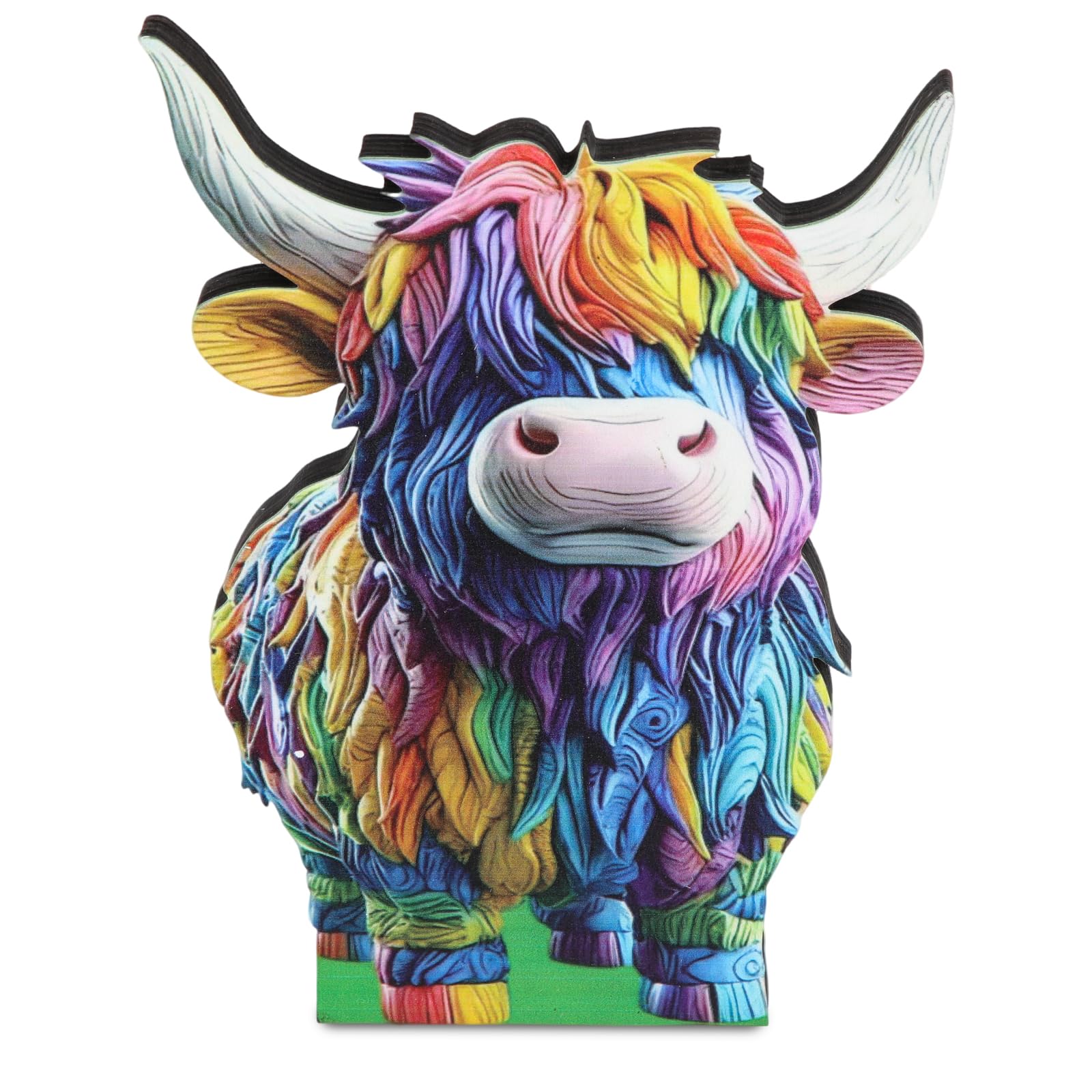 Joalpysm Wooden Highland Cow Ornament, Brightly Colored Animal Patterns Desktop Decor Ornaments, Whimsical Ornaments for Living Room, Bedroom, Perfect Highland Cow Gifts for Animal Lovers