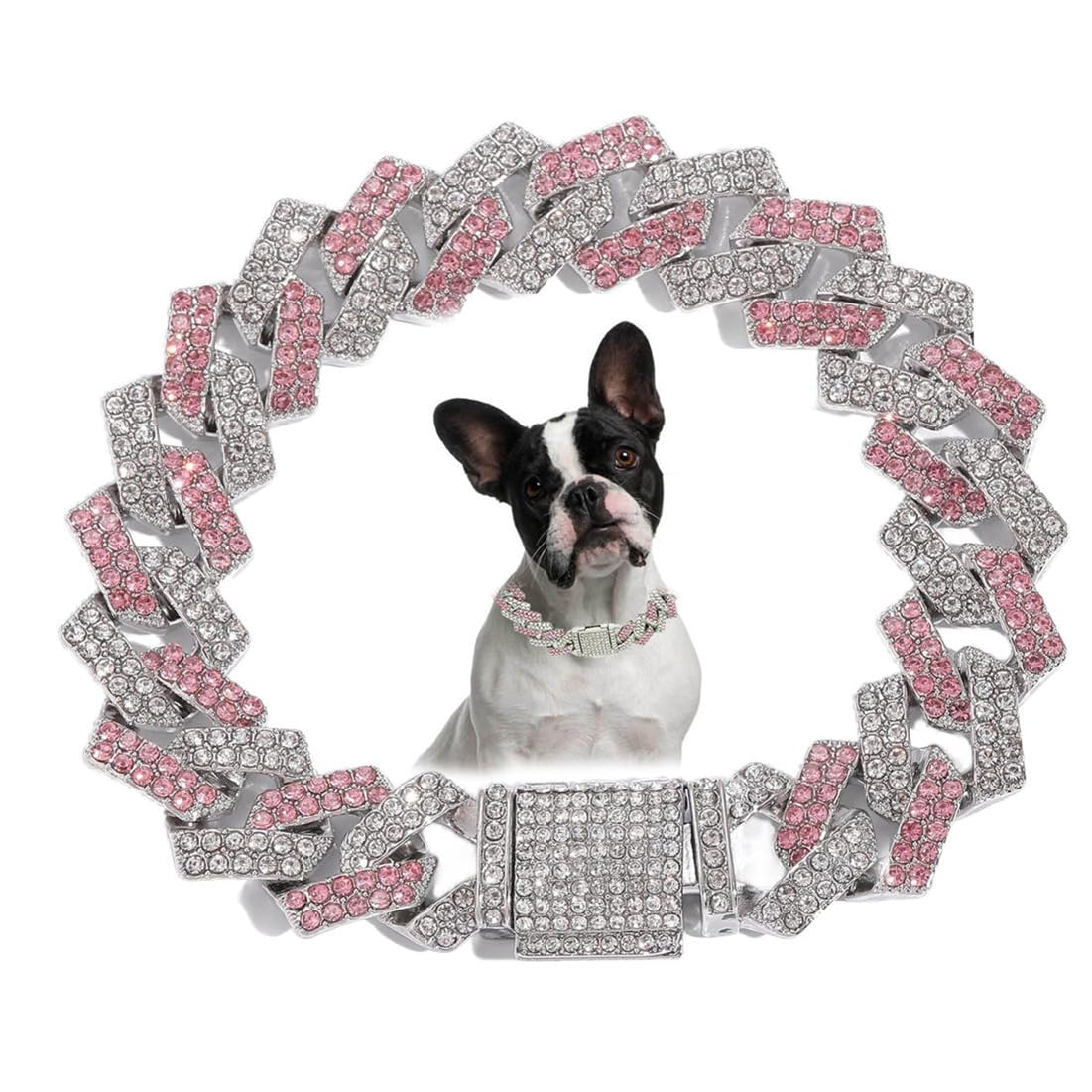 Dog Chain Collars, Diamond Metal Cuban Link Dog Collar,15mm Wide Bling Sparkly Puppy Necklace for Small Medium Large Pet Dogs Cats Silver Pink(18 inch