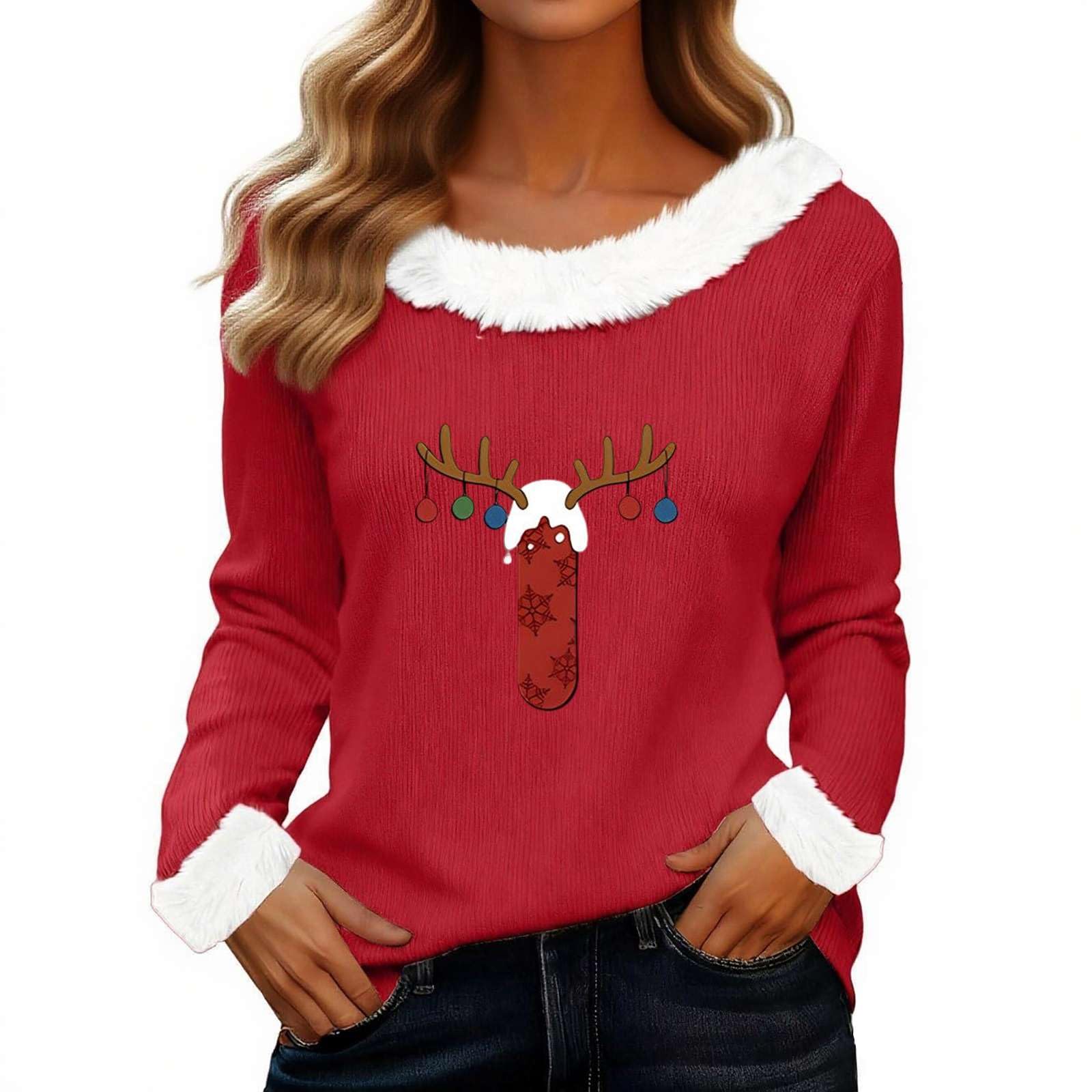 Womens Christmas Pullover Long Sleeve Faux Fur Trim V Neck Ugly Top Holiday Casual Loose Plush Blouse