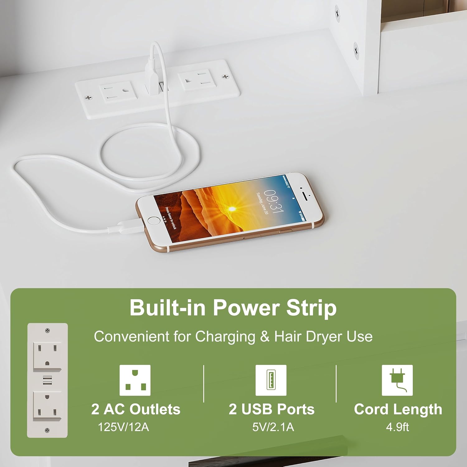 GOODONE 47'' Wood Vanity Desk with Mirror and Lights, Makeup Girls Vanity Set with 2 Drawers, 2 Storage Shelves & 1 Cabinet, Power Outlet, Stool, Dressing Table for Bedroom, White