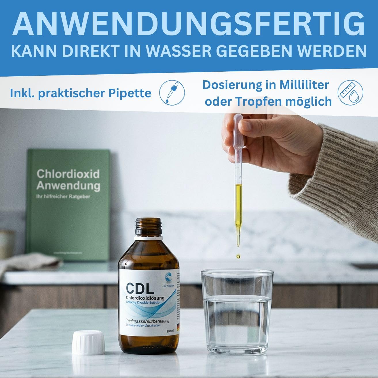 Chlordioxid Lösung 0,3% - CDs - CDL - Trinkwasserdesinfektion - Wasseraufbereitung - Chlorine Dioxide Solution - 250 ml + Anleitung & Pipette