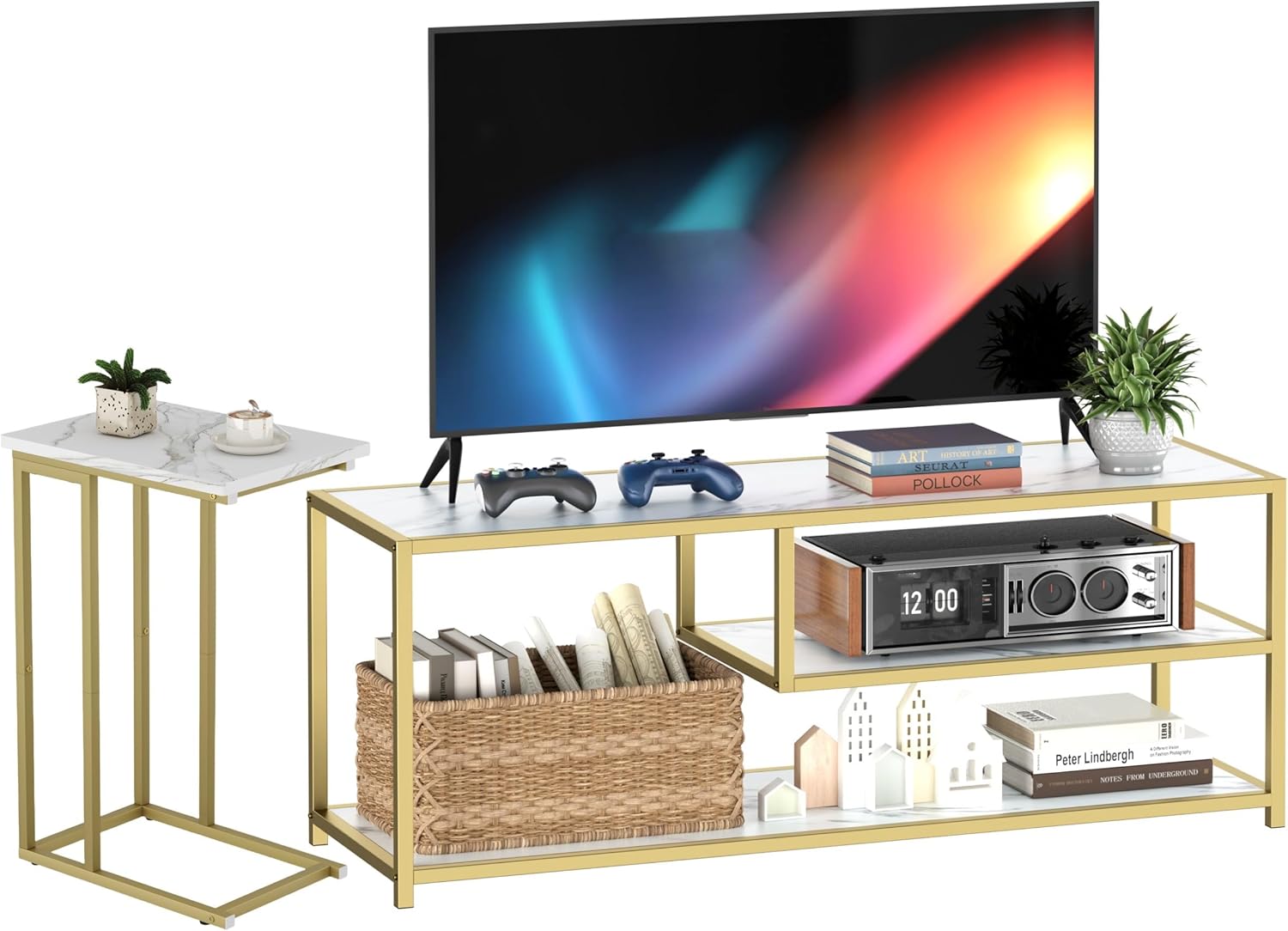Function Home Modern TV Stand and Side Table, Entertainment Center TV Cabinet End Table Set with White Wood Top and Gold Metal Legs, Media Console Table Set for Living Room Bedroom