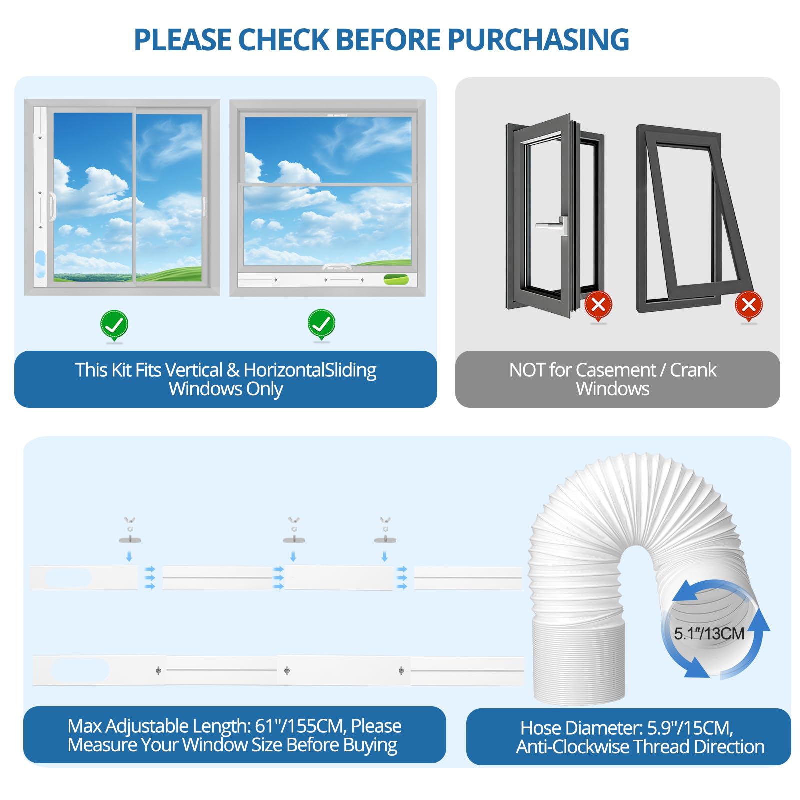 Portable AC Window Vent Kit, Universal Portable Air Conditioner Window Kit with 5.1x59 inch Anti-Clockwise Exhaust Hose, 3.9" W Adjustable Window Seal for Sliding Windows - 5
