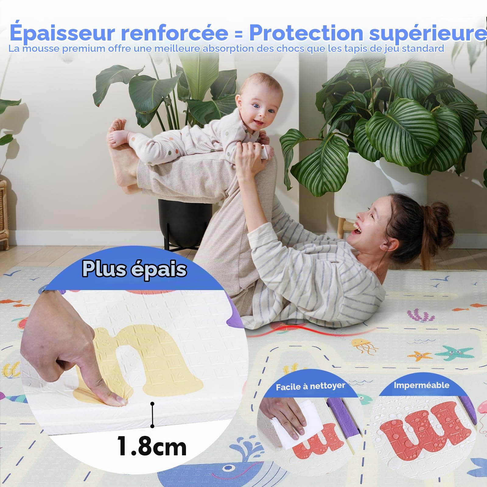 CCLIFE Tapis de Jeux Bebe Pliable Reversible Tapis éveil Bébé 196x175x1.8cm Impermeable Tapis Enfant Ramper,CushHom