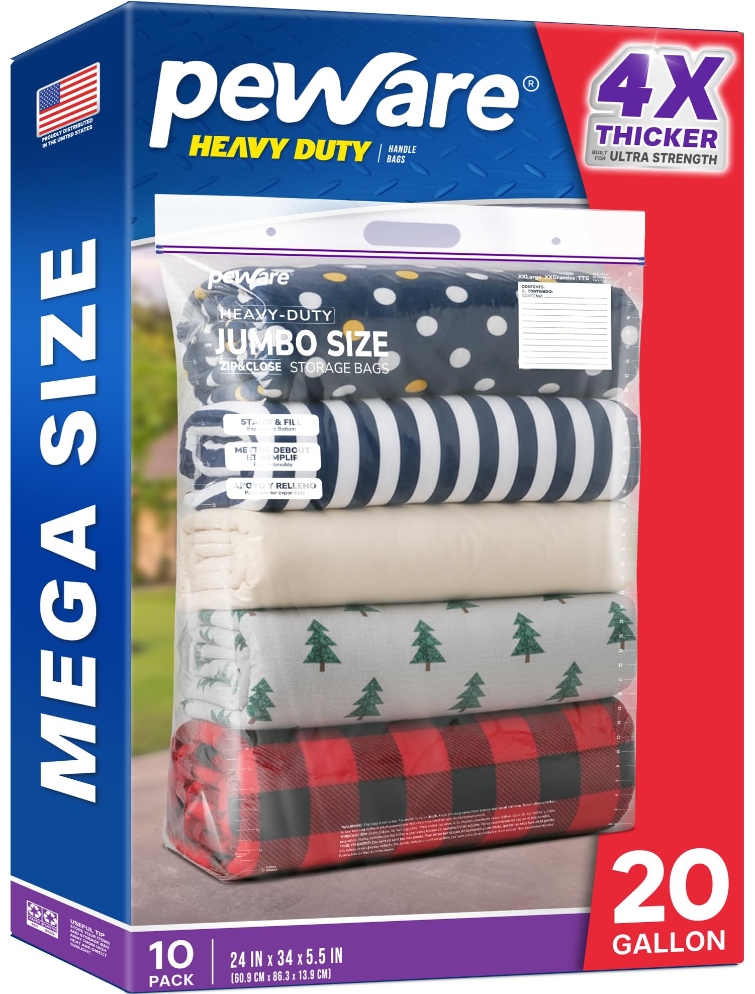 Photo 1 of 20 Gallon Heavy Duty Jumbo Storage Bags with Handle – 24" x 34" Resealable Zipper Top, Oversized Storage Solution for Clothes, Food, Pillow, Bedding, Household, BPA-Free, Pack of 10, 6 Mil Thick