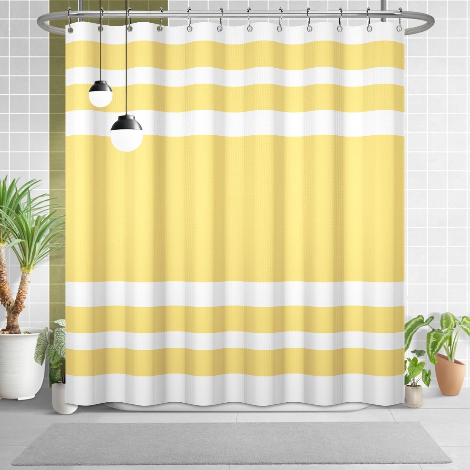 White Yellow Shower Curtain for Bathroom 72x78inches Boho Yellow and White Striped Waffle Shower Curtain Set with Hooks Bohemia Geometric Decor Waterproof Fabric Shower Curtain