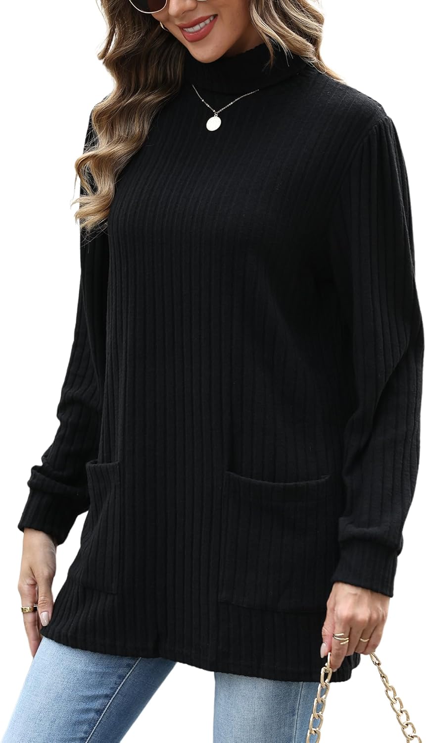 Long Sleeve Fall Sweater Shirts for Women Turtleneck Dressy Casual Tunic Tops with Pockets Plain Sweatershirts - Image 3